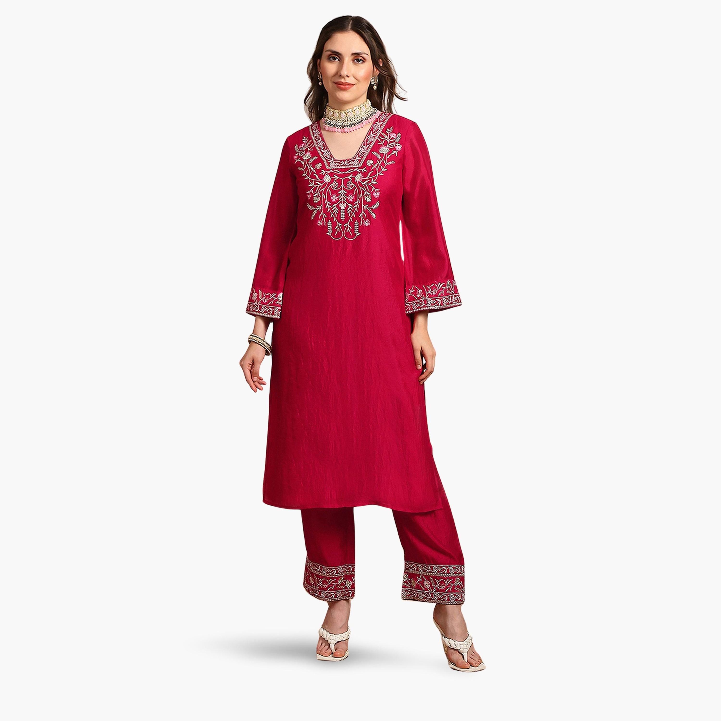 Globus X Styli Women Pink Floral Embroidered Kurta with Pants Set-women-clothing-ethnicwear-kurtasets-image-1
