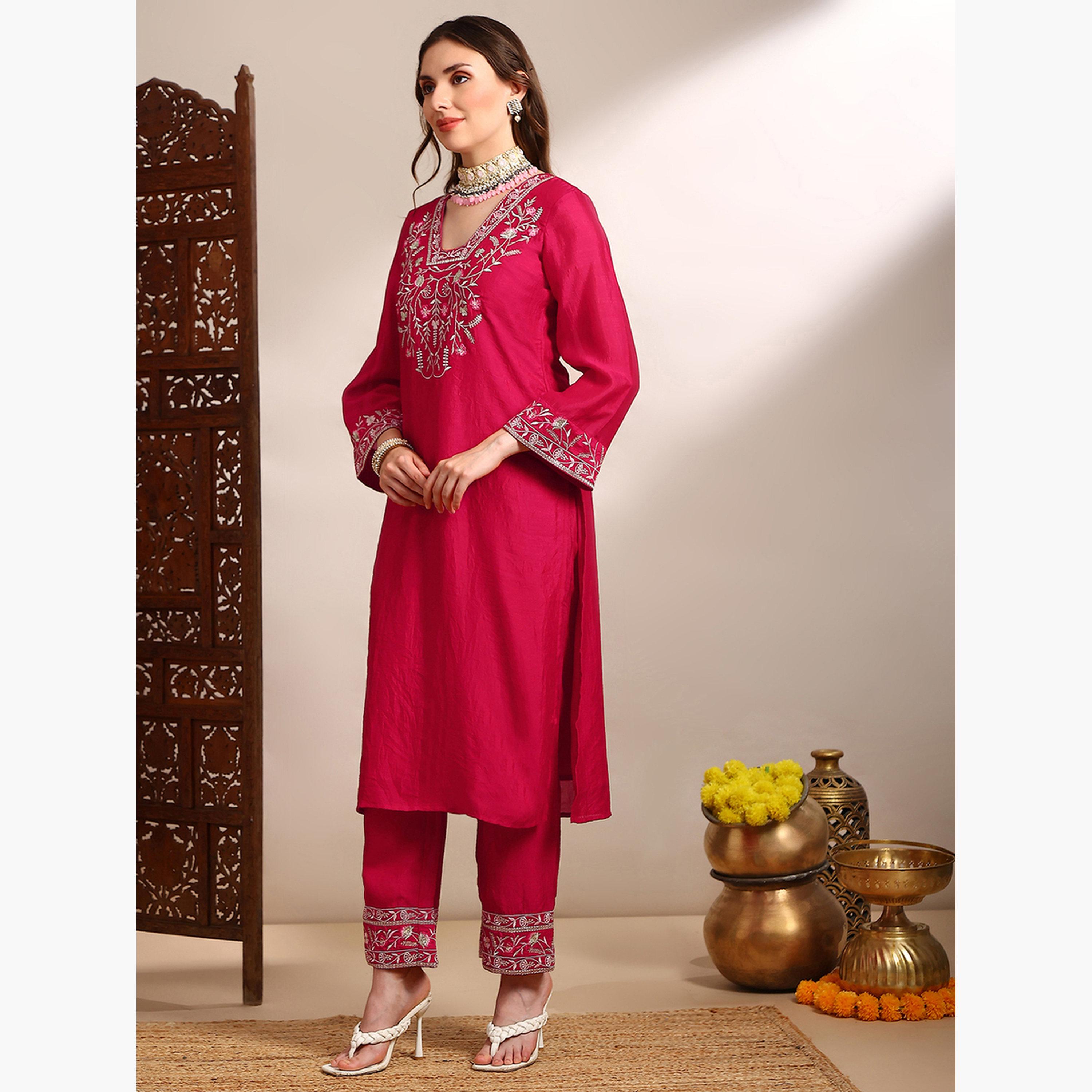 طقم كورتا مطرزة بالأزهار مع بنطال للنساء-women-clothing-ethnicwear-kurtasets-image-2