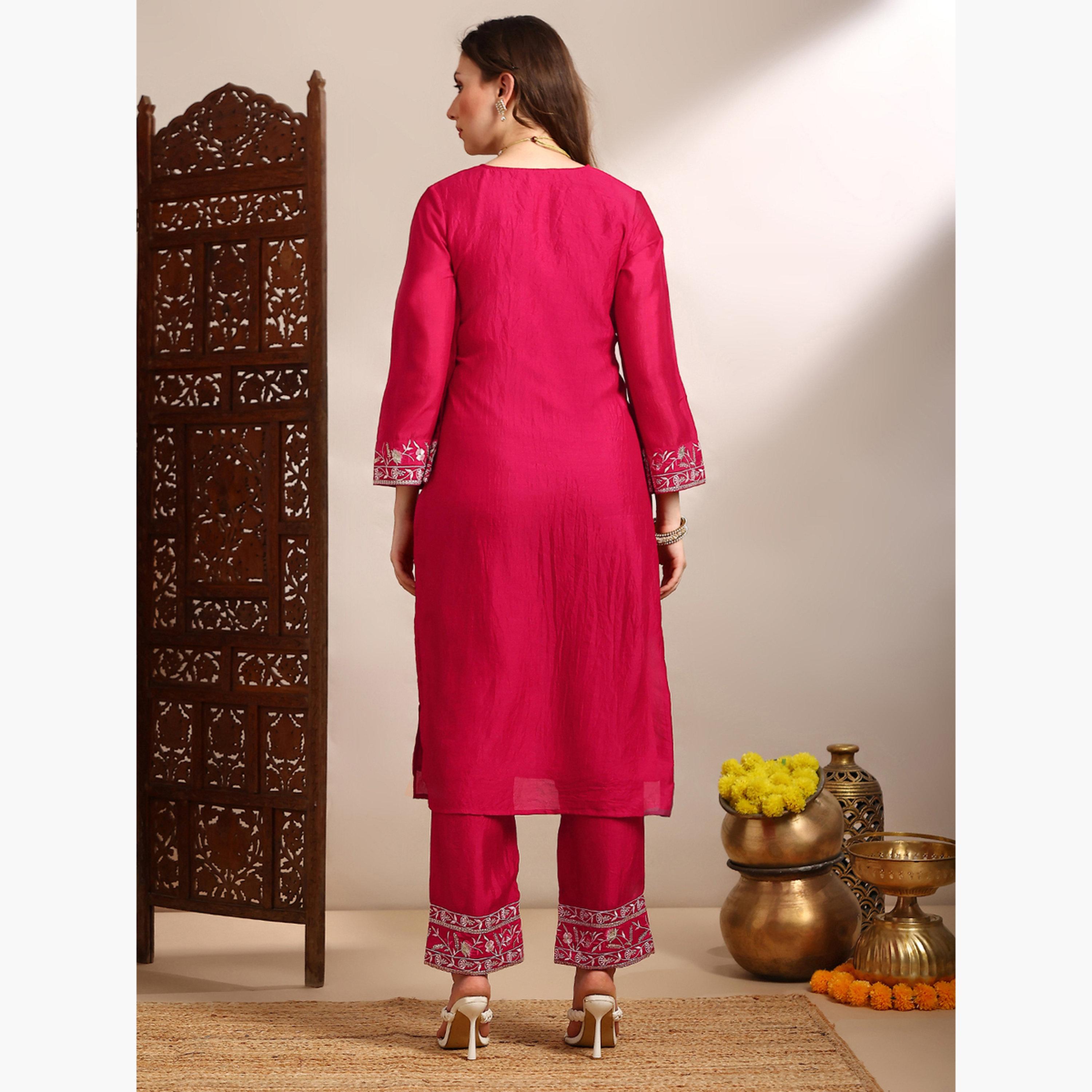 Globus X Styli Women Pink Floral Embroidered Kurta with Pants Set-women-clothing-ethnicwear-kurtasets-image-3