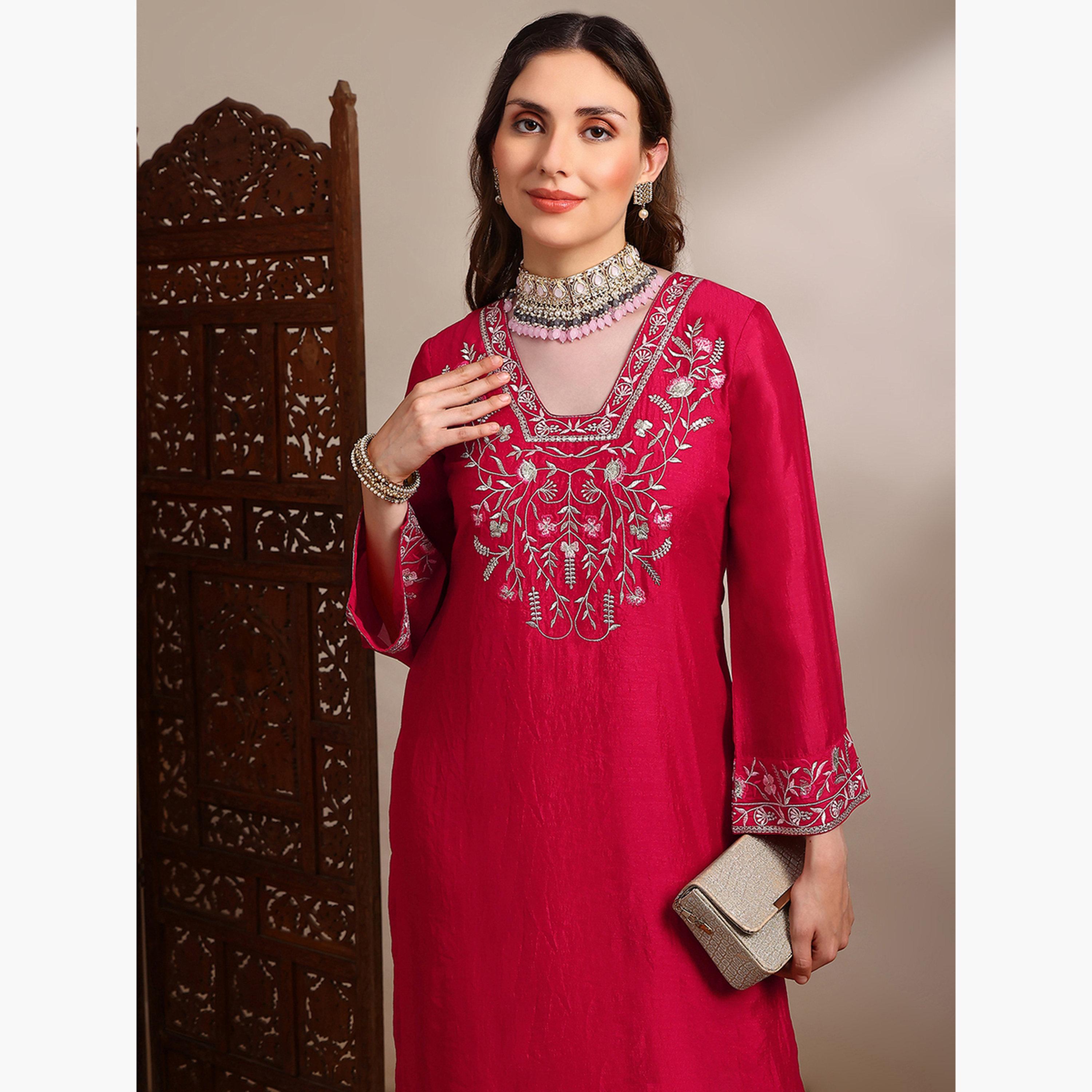 طقم كورتا مطرزة بالأزهار مع بنطال للنساء-women-clothing-ethnicwear-kurtasets-image-4