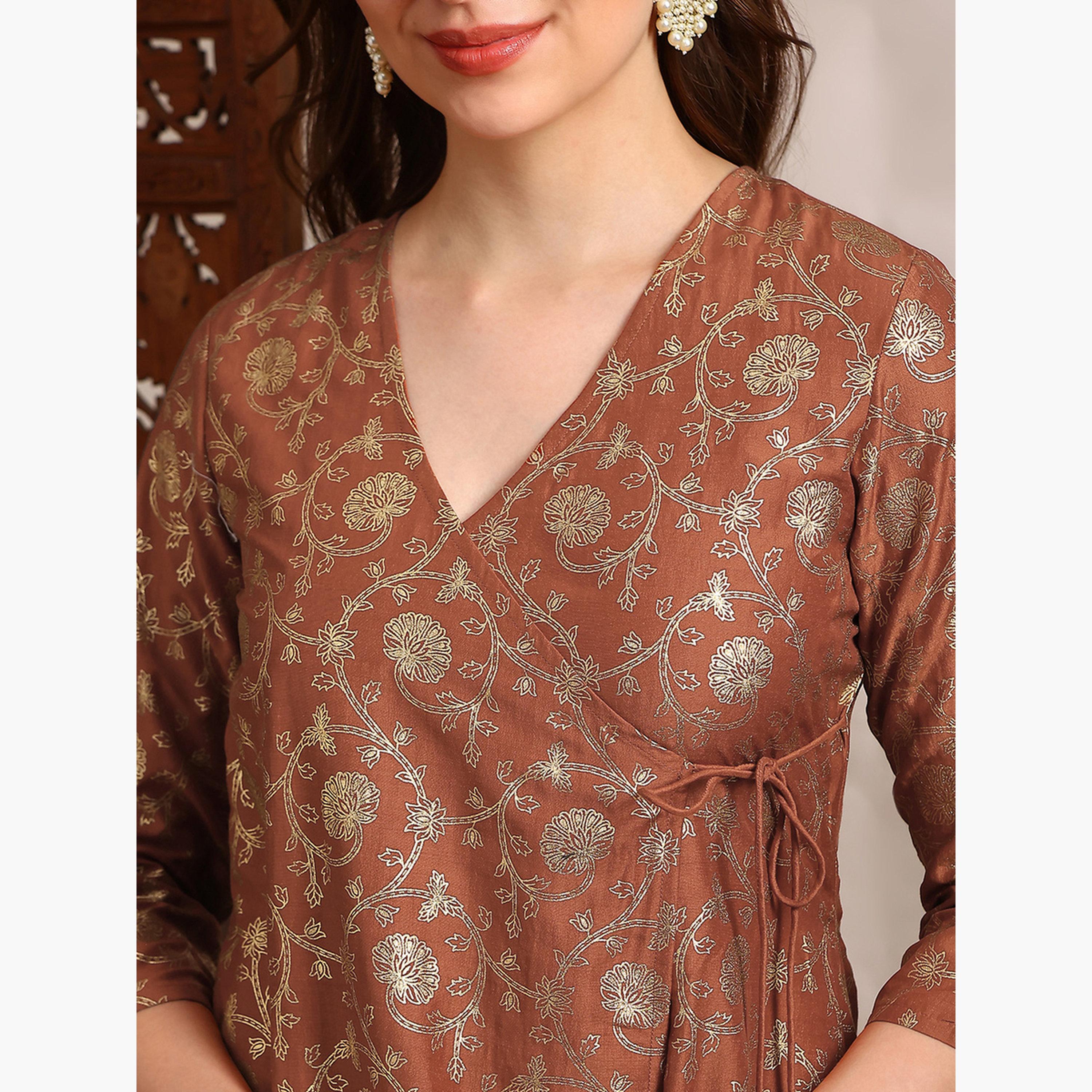 طقم كورتا بطبعة فويل وأزهار مع بنطال للنساء-women-clothing-ethnicwear-kurtasets-image-6