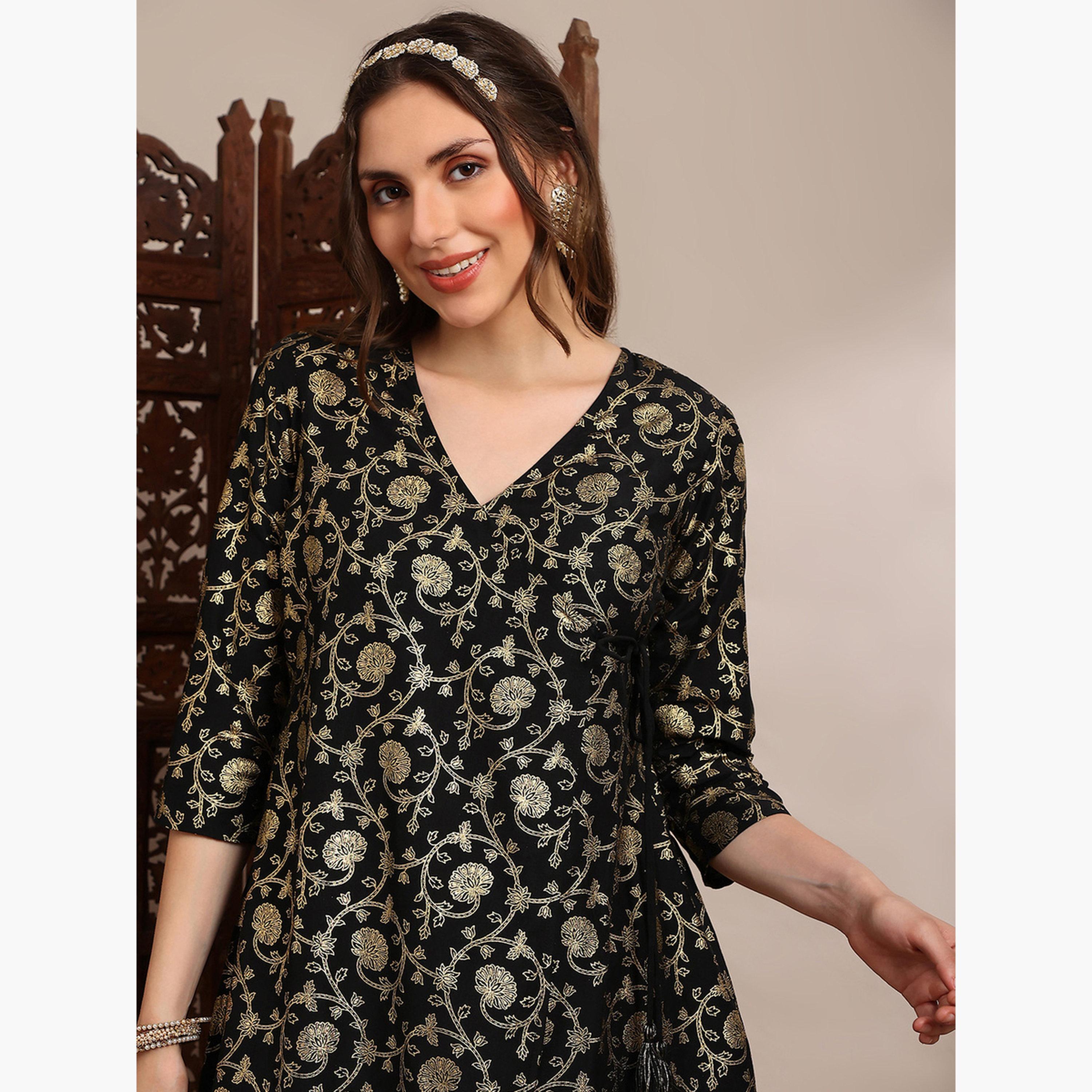 طقم كورتا بطبعة فويل وأزهار مع بنطال للنساء-women-clothing-ethnicwear-kurtasets-image-4