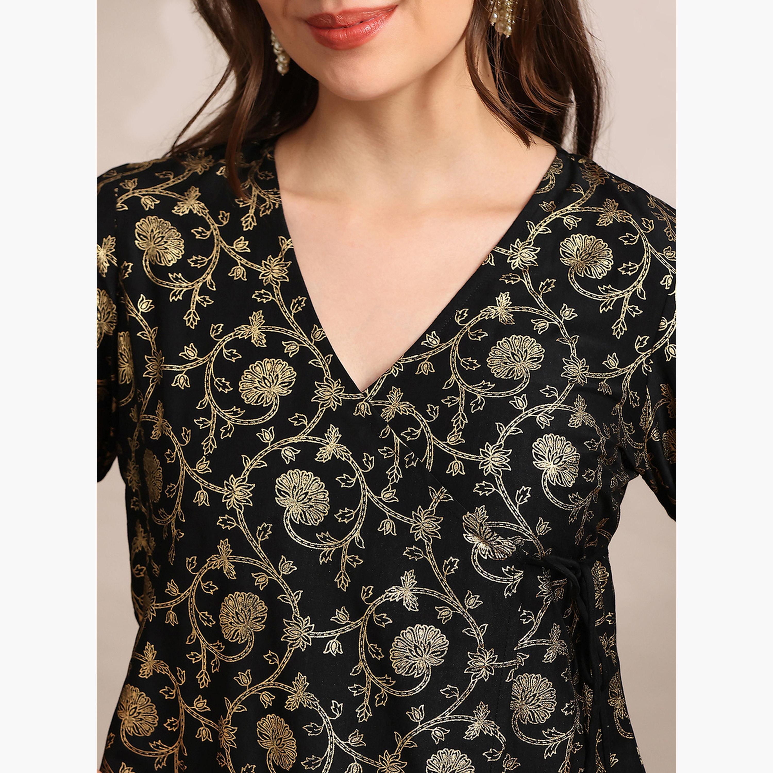 Globus X Styli Women Black Gold Foil Floral Print Kurta with Pants Set-women-clothing-ethnicwear-kurtasets-image-6