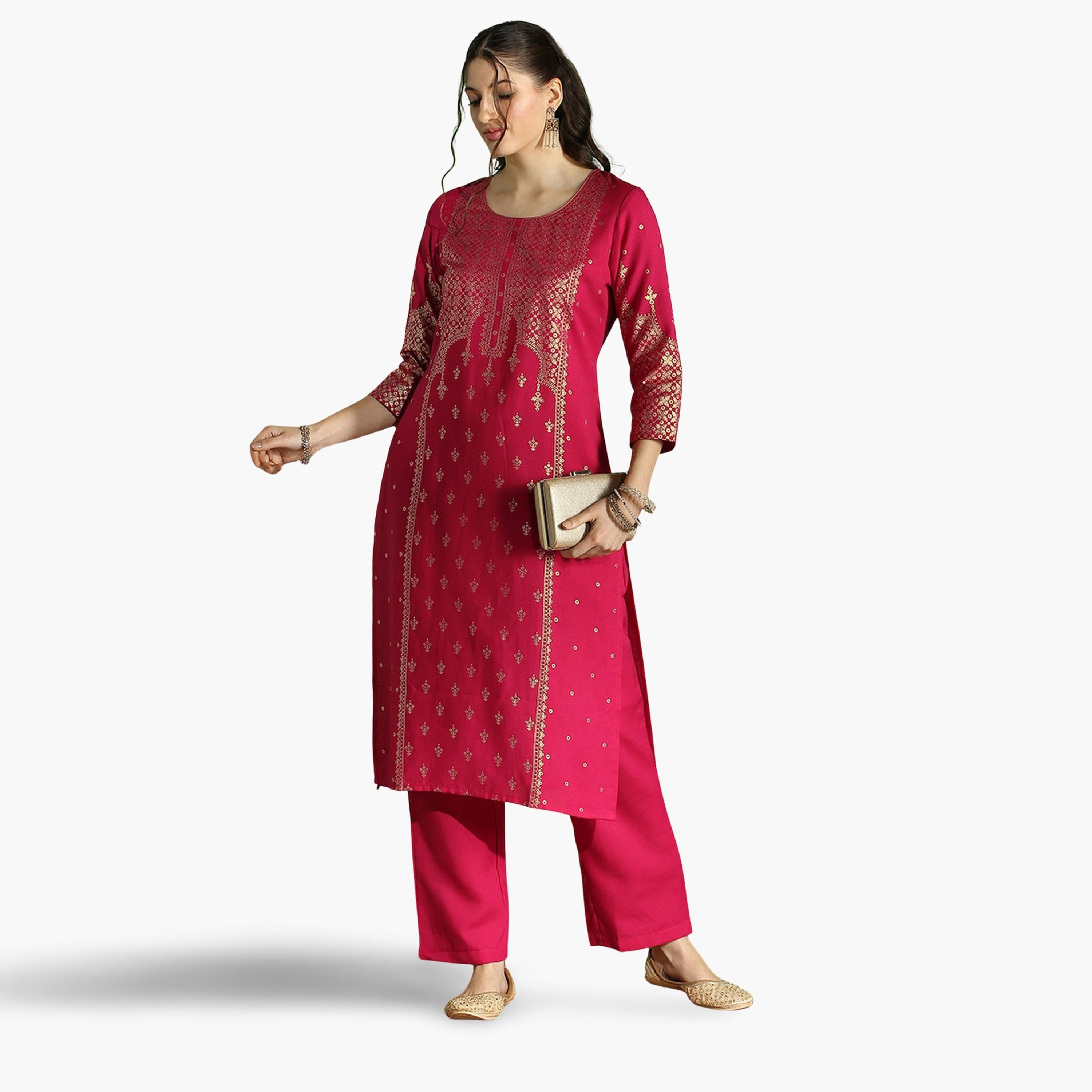 طقم كورتا بطبعة فويل وأزهار وبنطال للنساء-women-clothing-ethnicwear-kurtasets-image-1