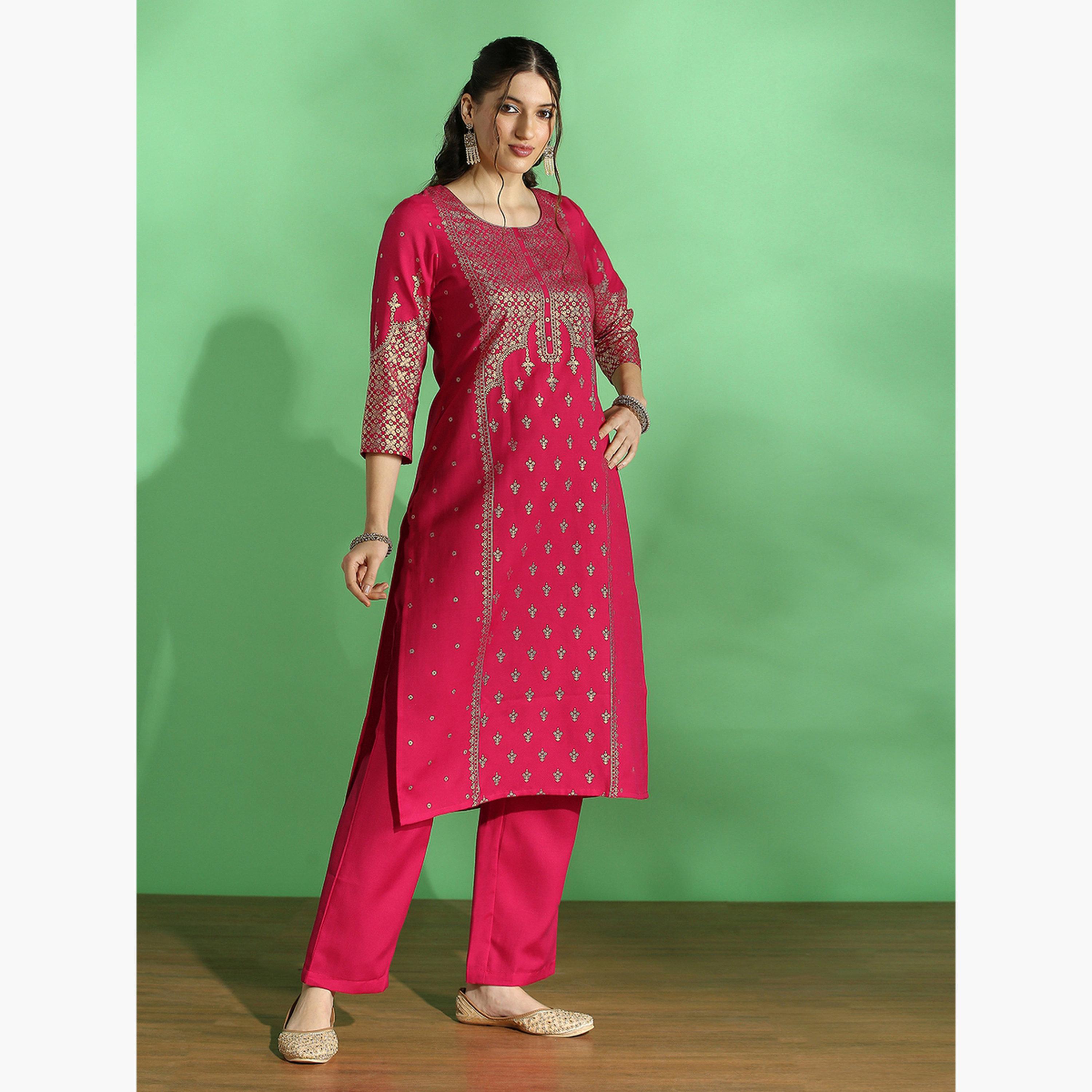 Globus X Styli Women Pink Floral Ethnic Foil Print Kurta and Pants Set-women-clothing-ethnicwear-kurtasets-image-2