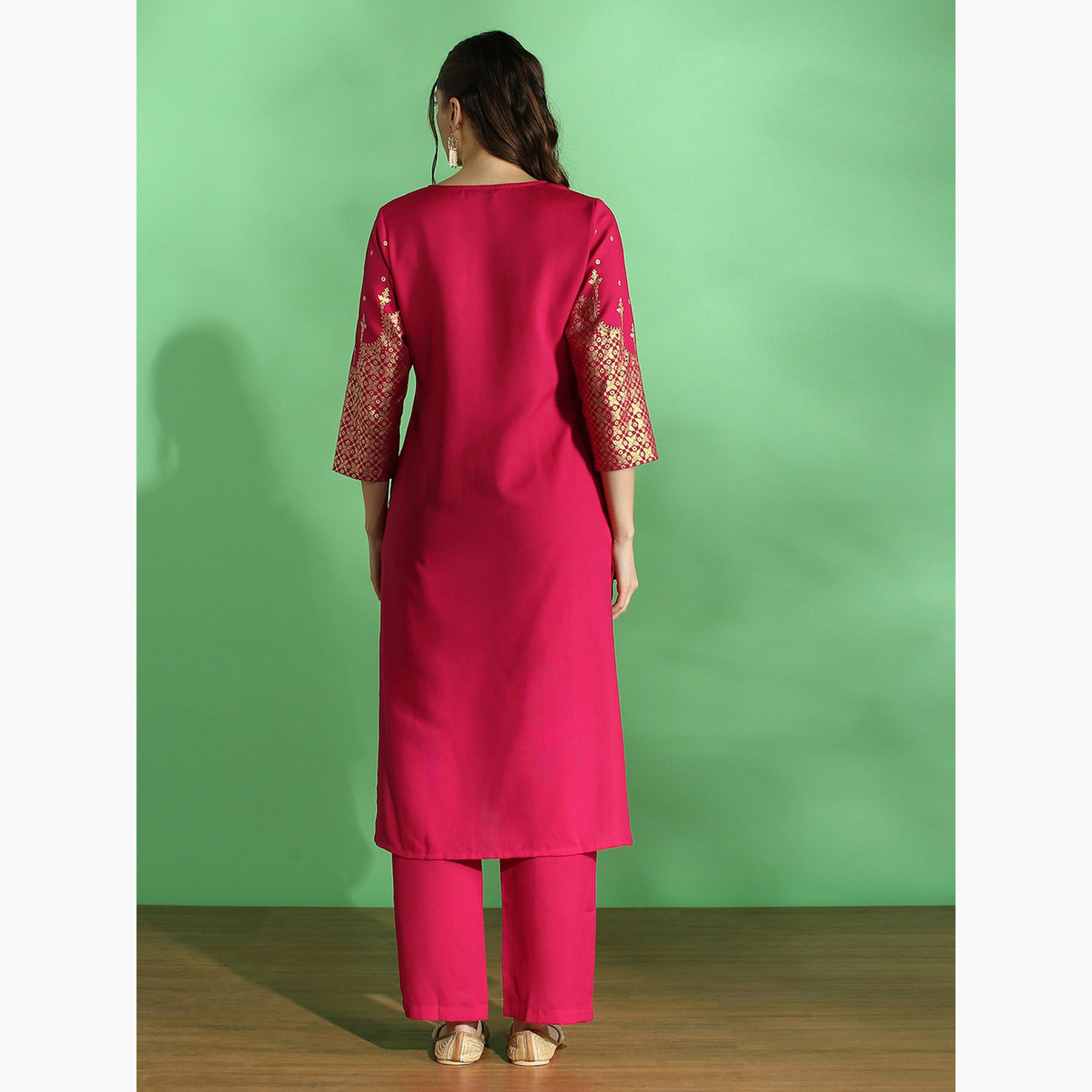 طقم كورتا بطبعة فويل وأزهار وبنطال للنساء-women-clothing-ethnicwear-kurtasets-image-3
