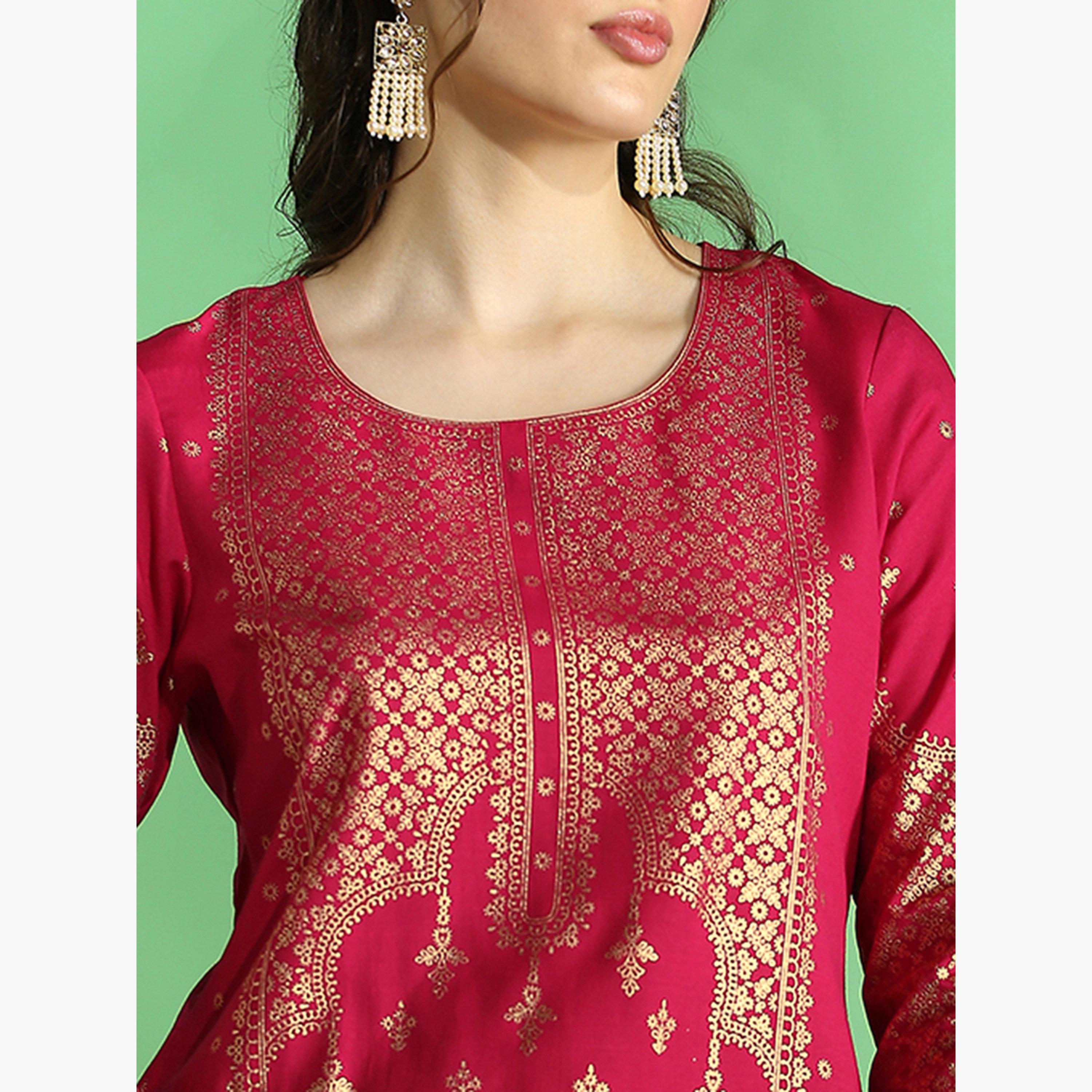 Globus X Styli Women Pink Floral Ethnic Foil Print Kurta and Pants Set-women-clothing-ethnicwear-kurtasets-image-6