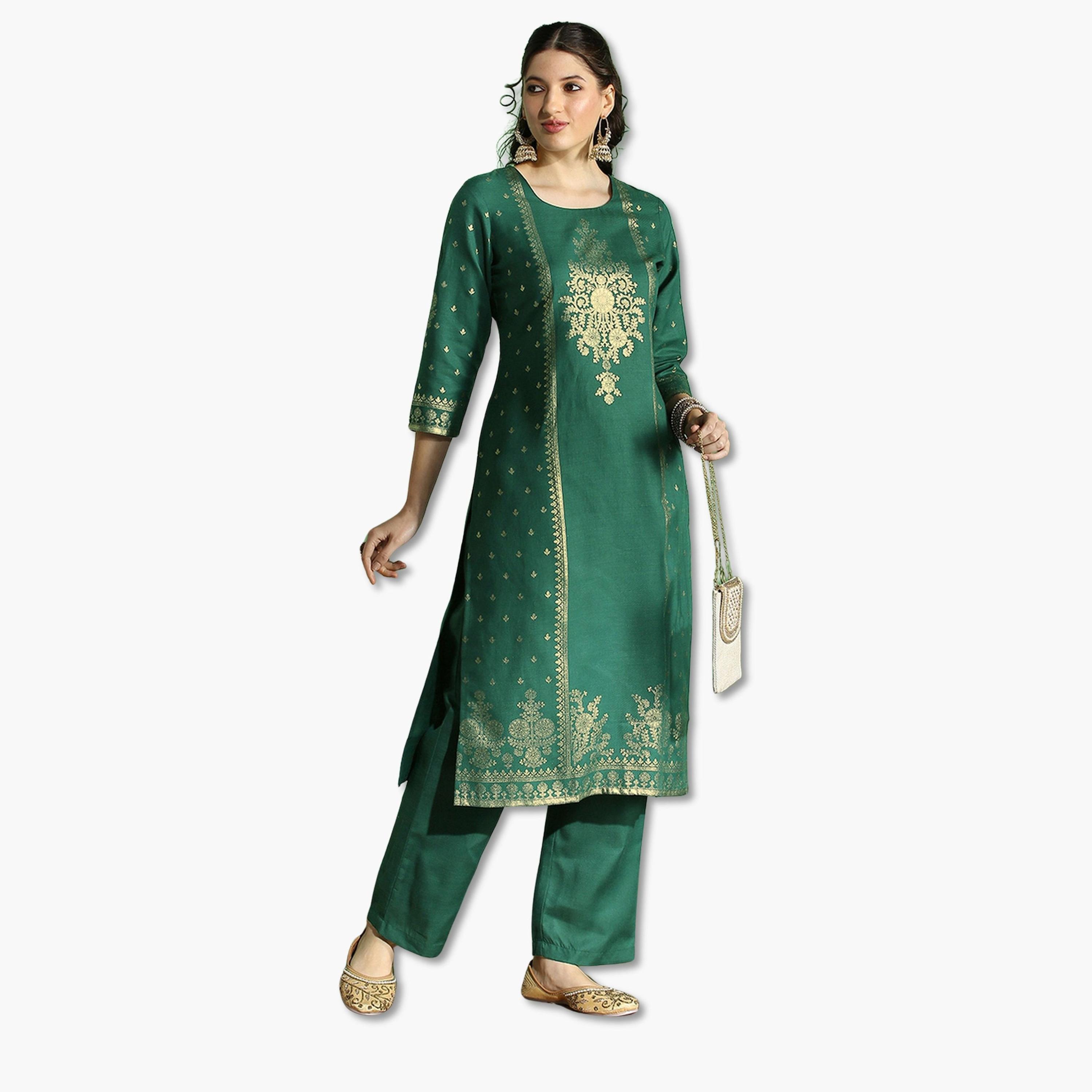 طقم كورتا مستقيمة وبنطال بطبعة فويل إثنية-women-clothing-ethnicwear-kurtasets-image-1