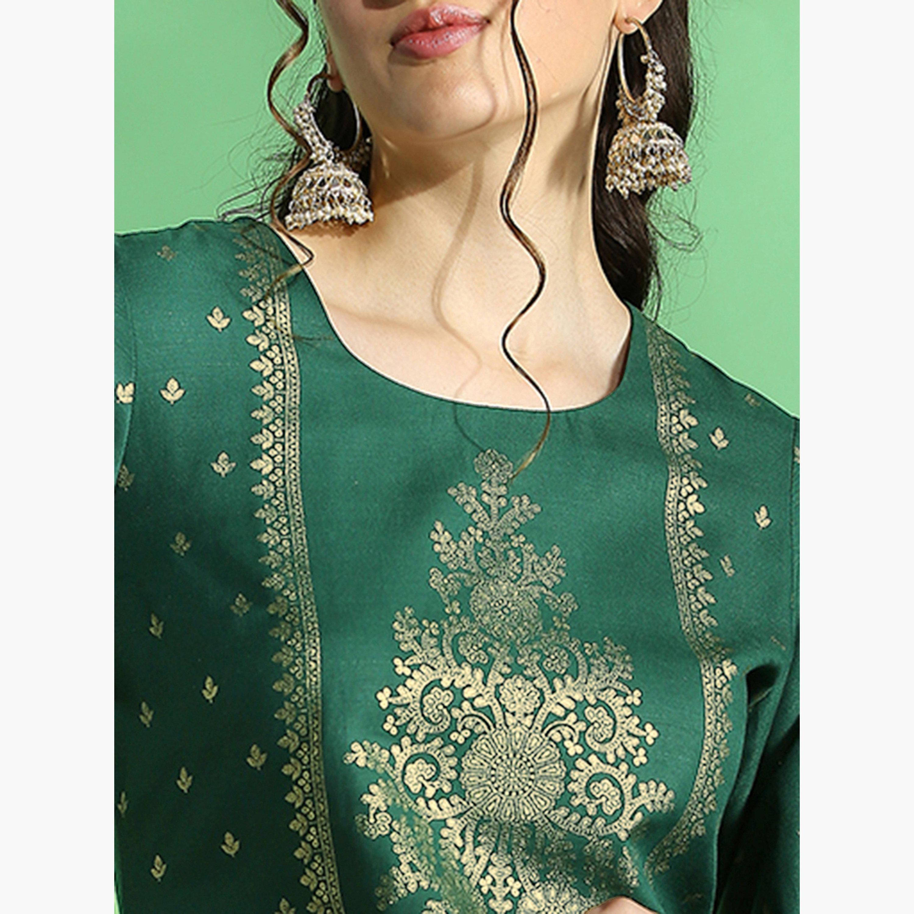 Globus X Styli Women Green Ethnic Foil Print Straight Kurta and Pant Set-women-clothing-ethnicwear-kurtasets-image-6