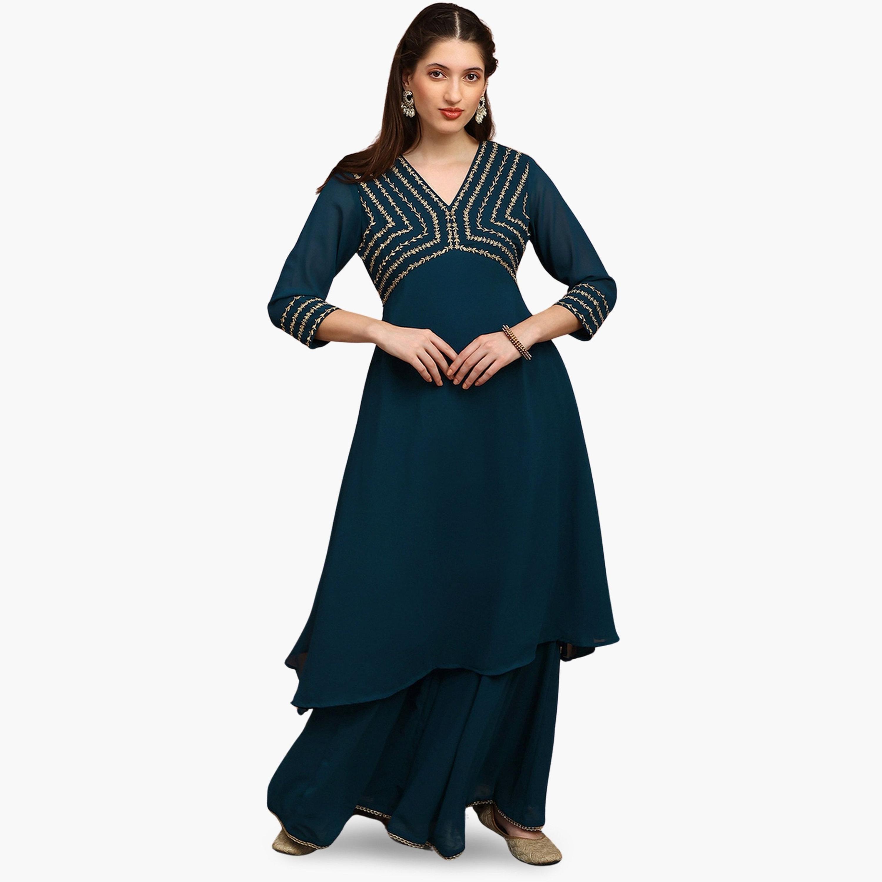 Globus X Styli Women Teal Floral Zari Embroidered  Kurta with Sharara Set-women-clothing-ethnicwear-kurtasets-image-1