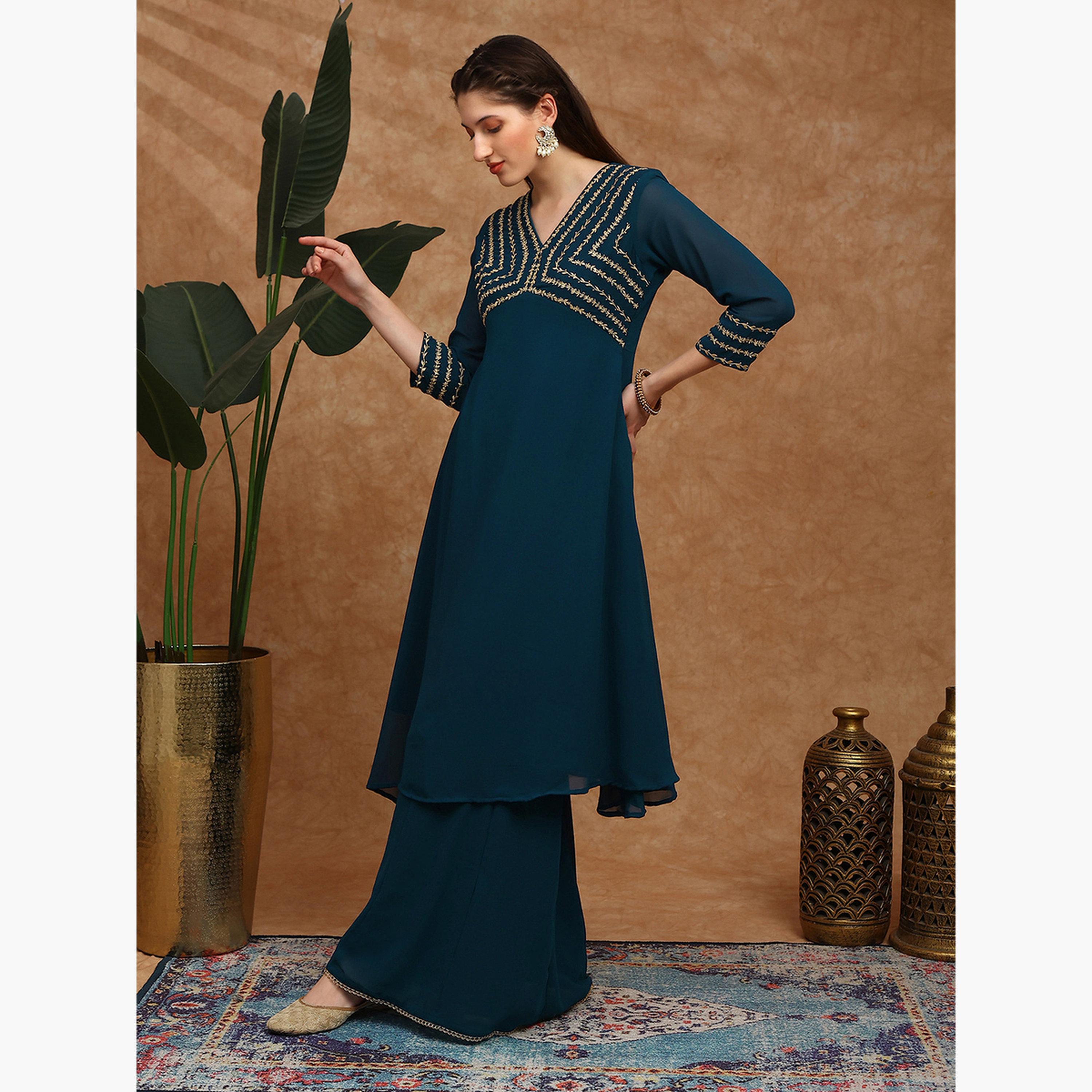 طقم كورتا مطرزة مع بنطال شرار للنساء-women-clothing-ethnicwear-kurtasets-image-2