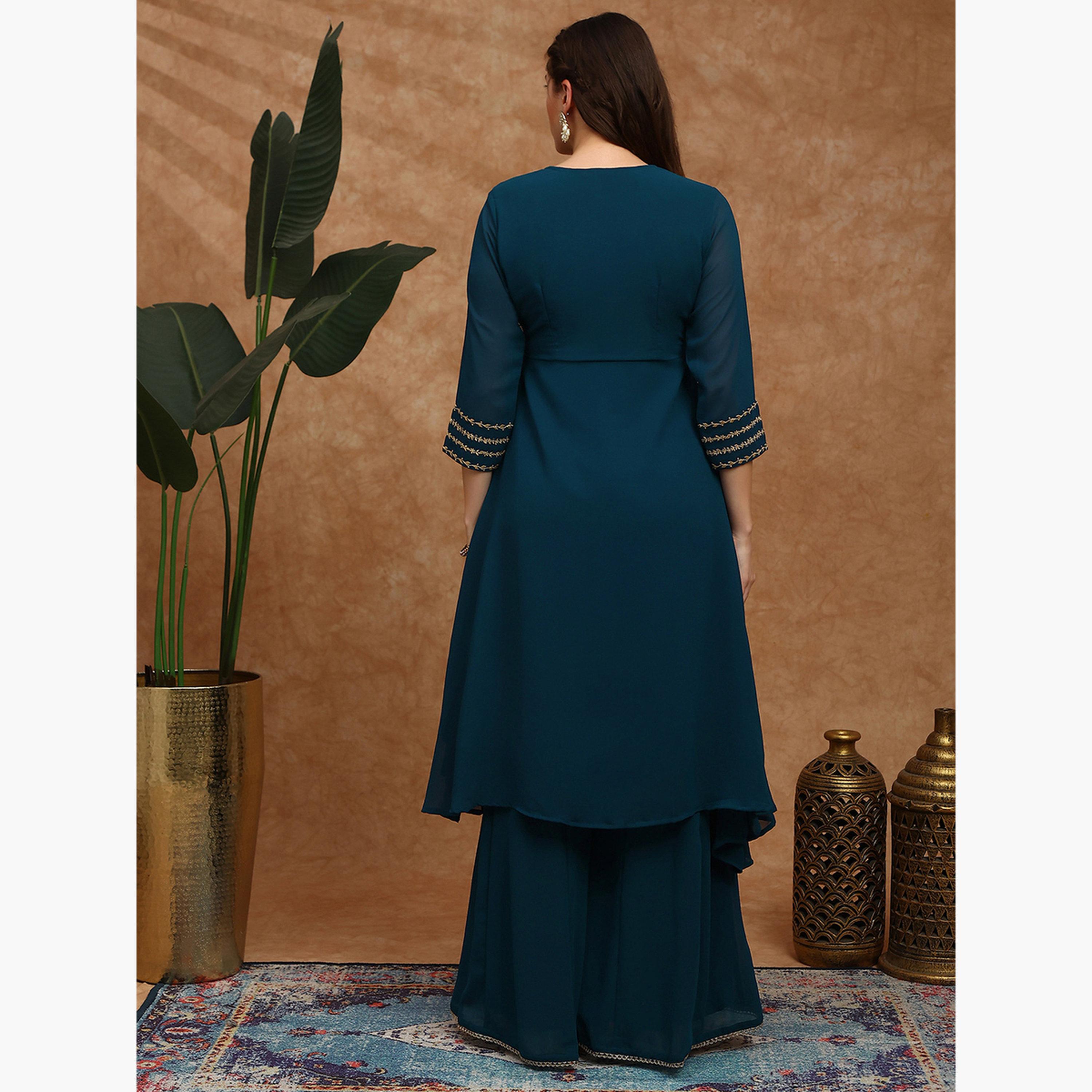 Globus X Styli Women Teal Floral Zari Embroidered  Kurta with Sharara Set-women-clothing-ethnicwear-kurtasets-image-3