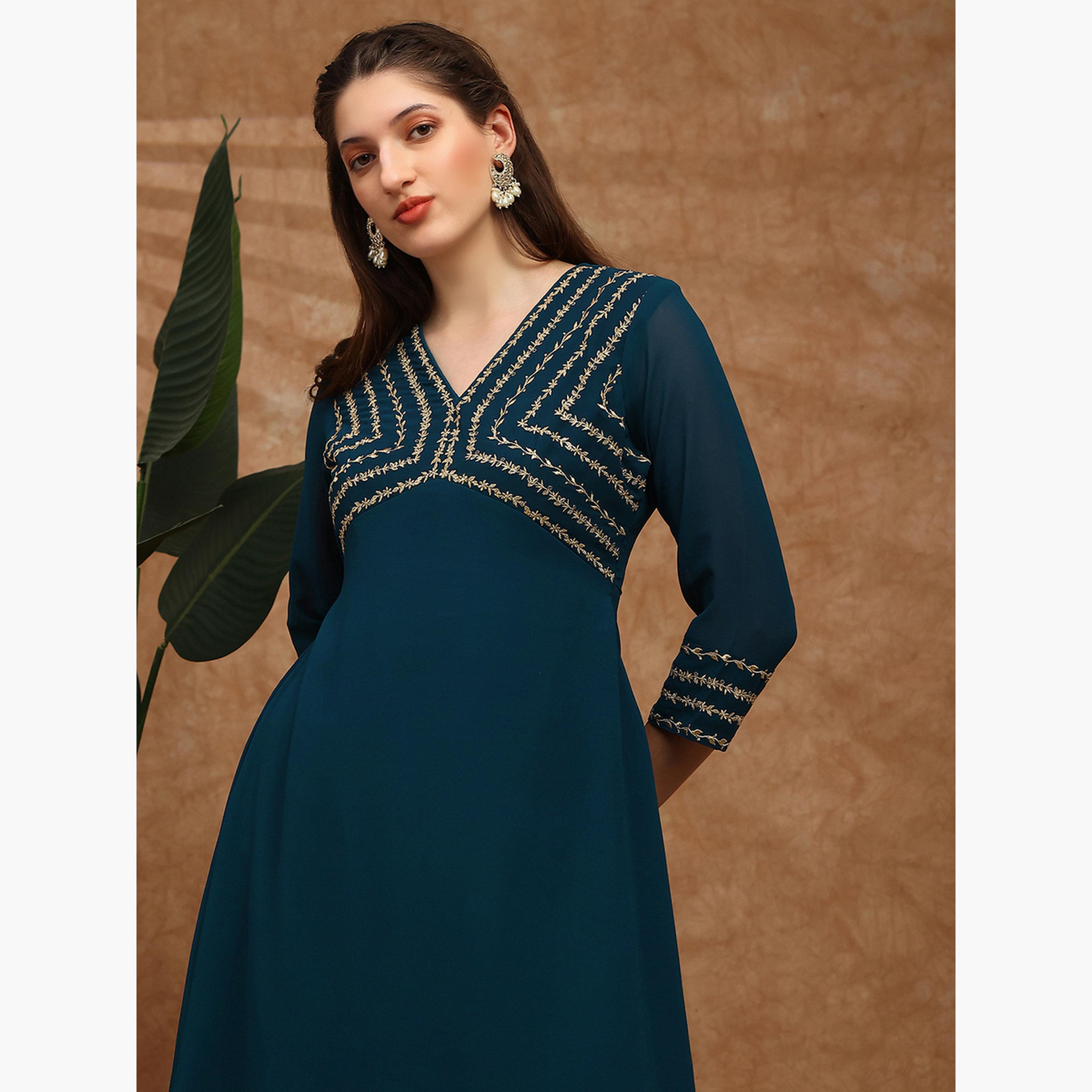 Globus X Styli Women Teal Floral Zari Embroidered  Kurta with Sharara Set-women-clothing-ethnicwear-kurtasets-image-4