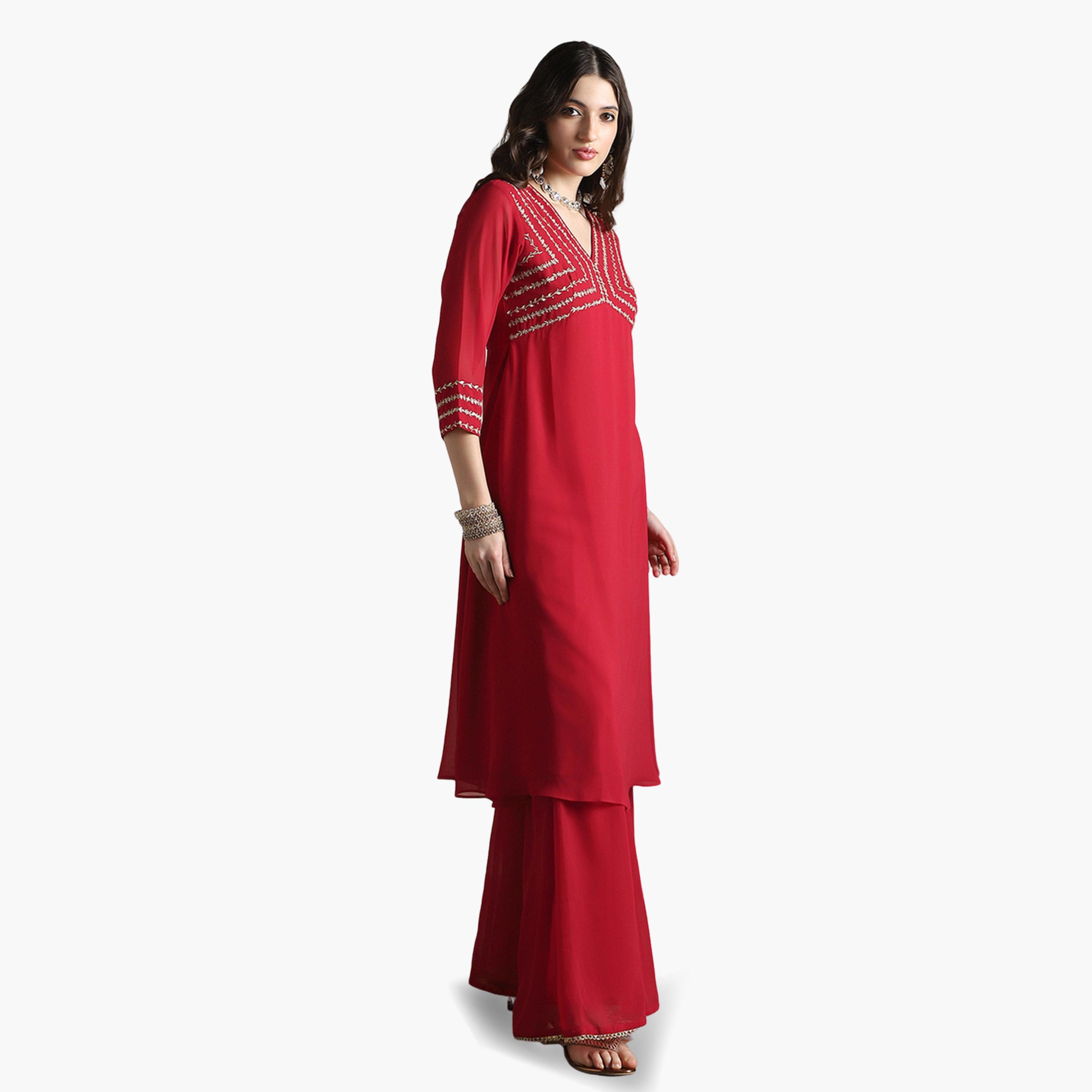 Globus X Styli Women Red V-Neck Floral Zari Embroidered Kurta with Sharara Set-women-clothing-ethnicwear-kurtasets-image-1