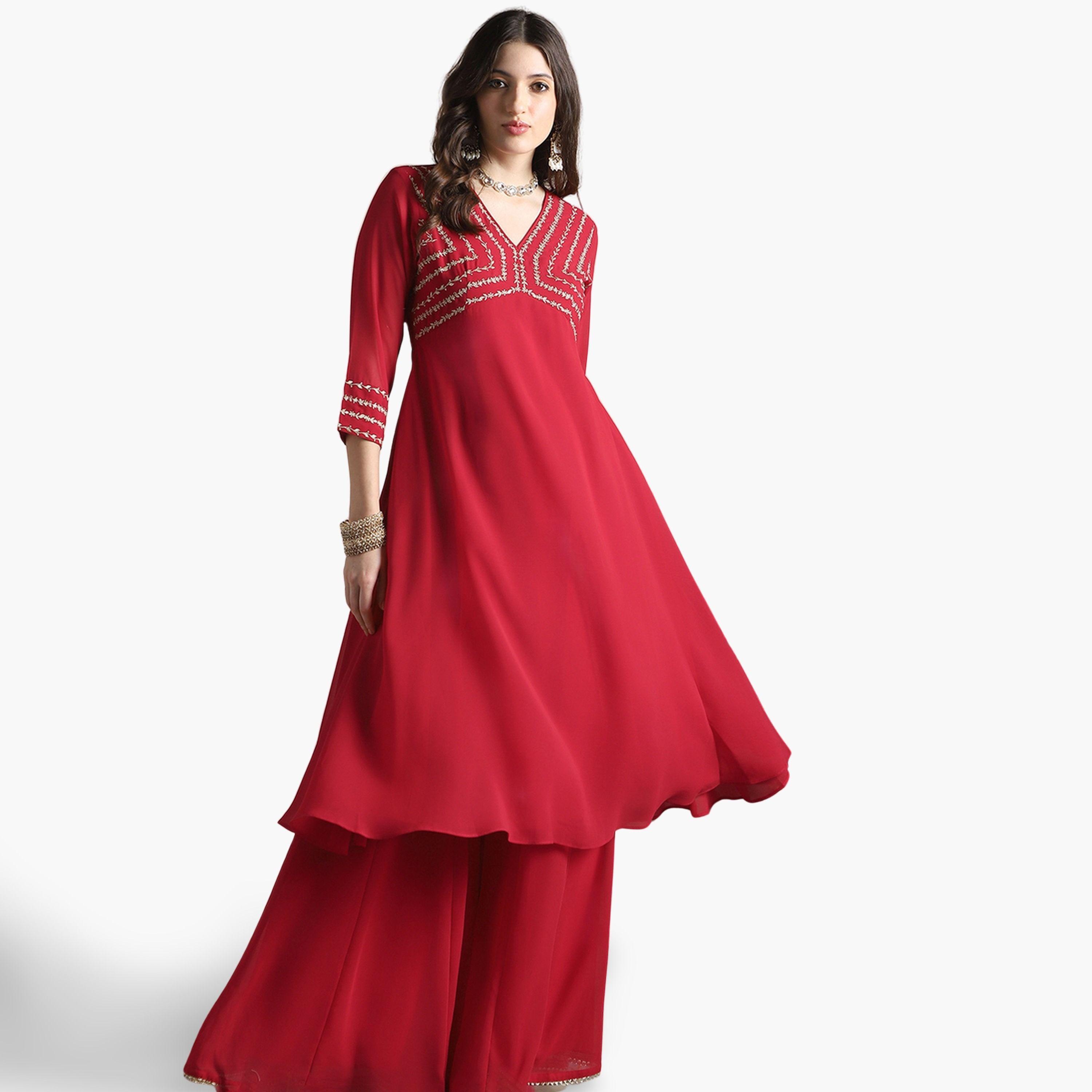 Globus X Styli Women Red V-Neck Floral Zari Embroidered Kurta with Sharara Set-women-clothing-ethnicwear-kurtasets-image-2