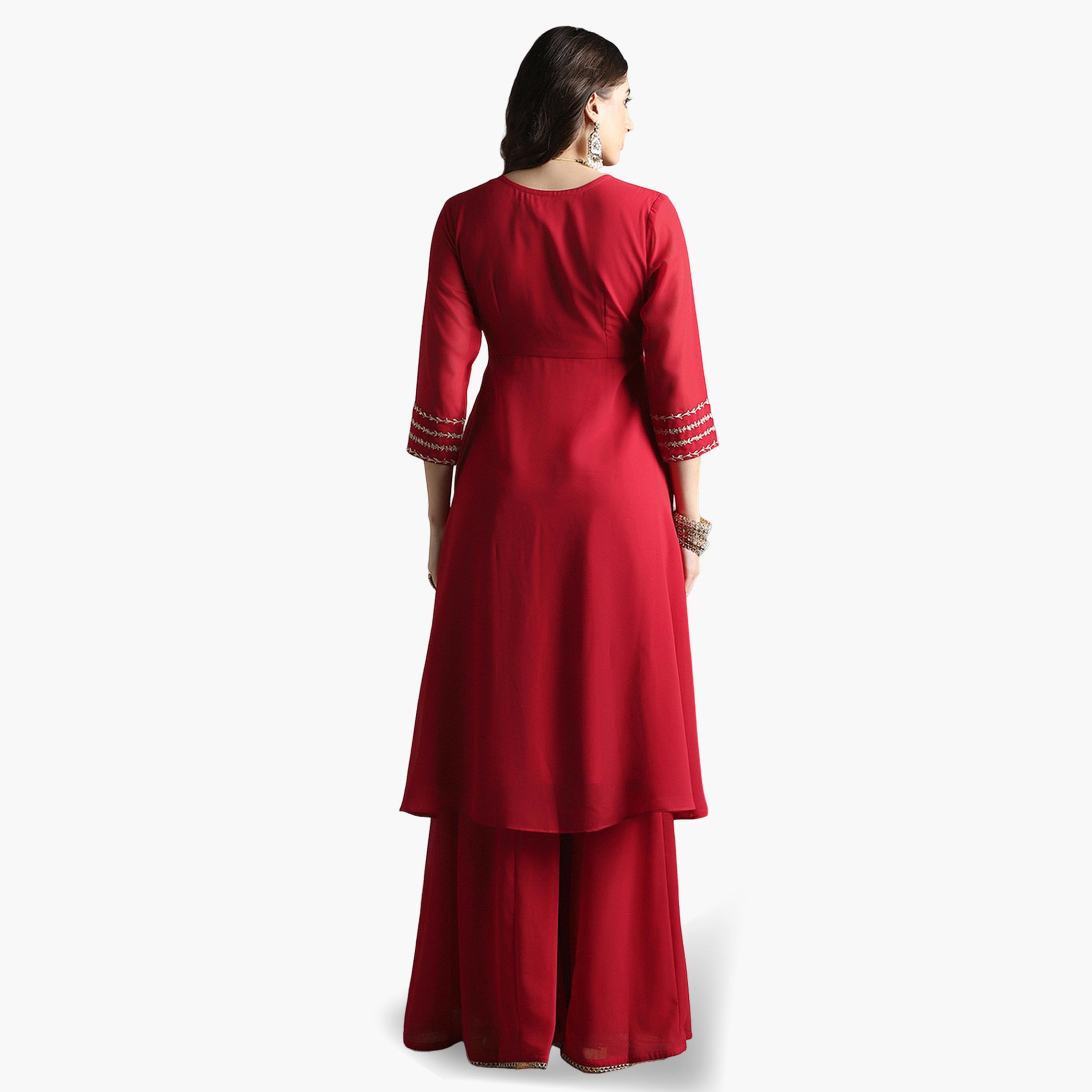 Globus X Styli Women Red V-Neck Floral Zari Embroidered Kurta with Sharara Set-women-clothing-ethnicwear-kurtasets-image-3