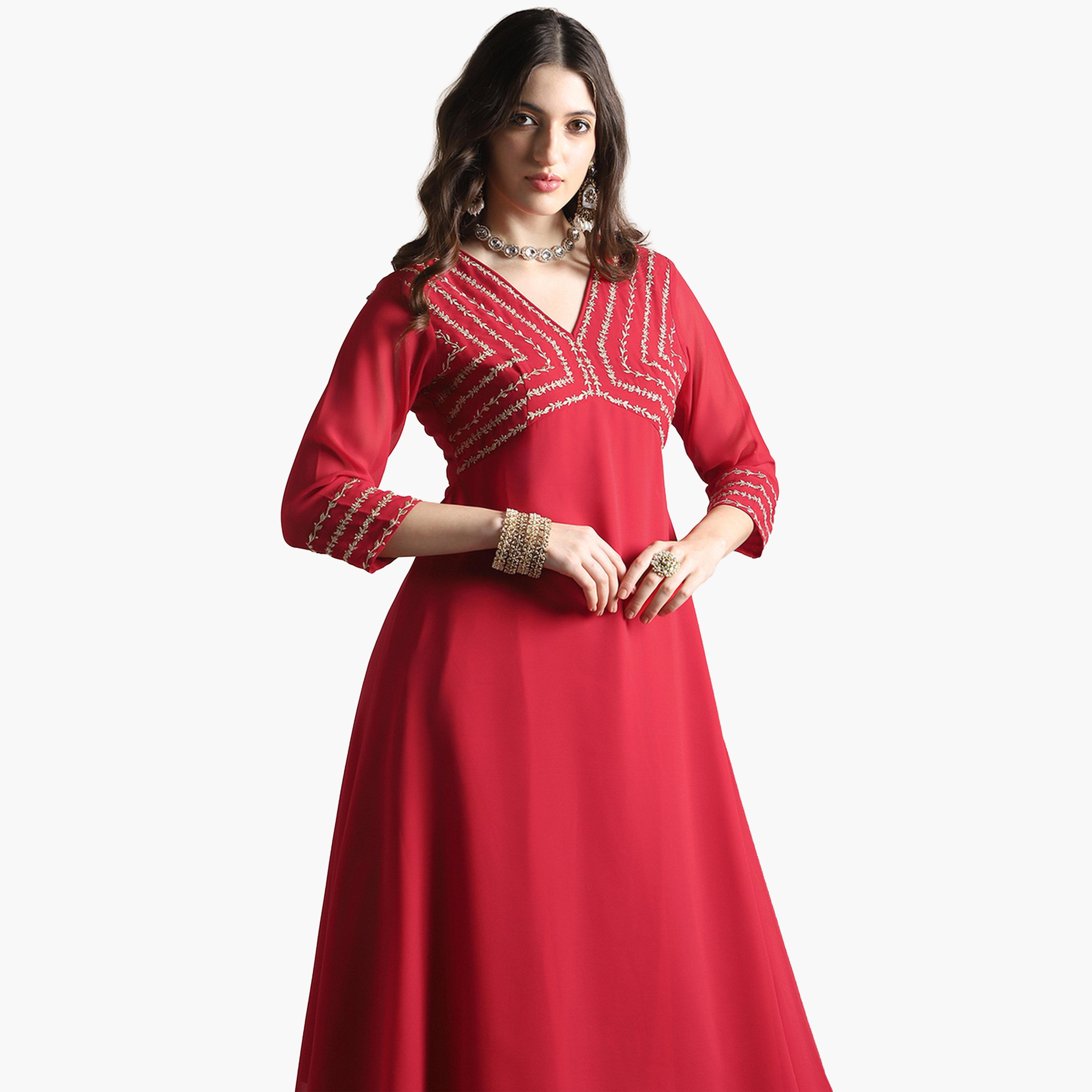 Globus X Styli Women Red V-Neck Floral Zari Embroidered Kurta with Sharara Set-women-clothing-ethnicwear-kurtasets-image-4
