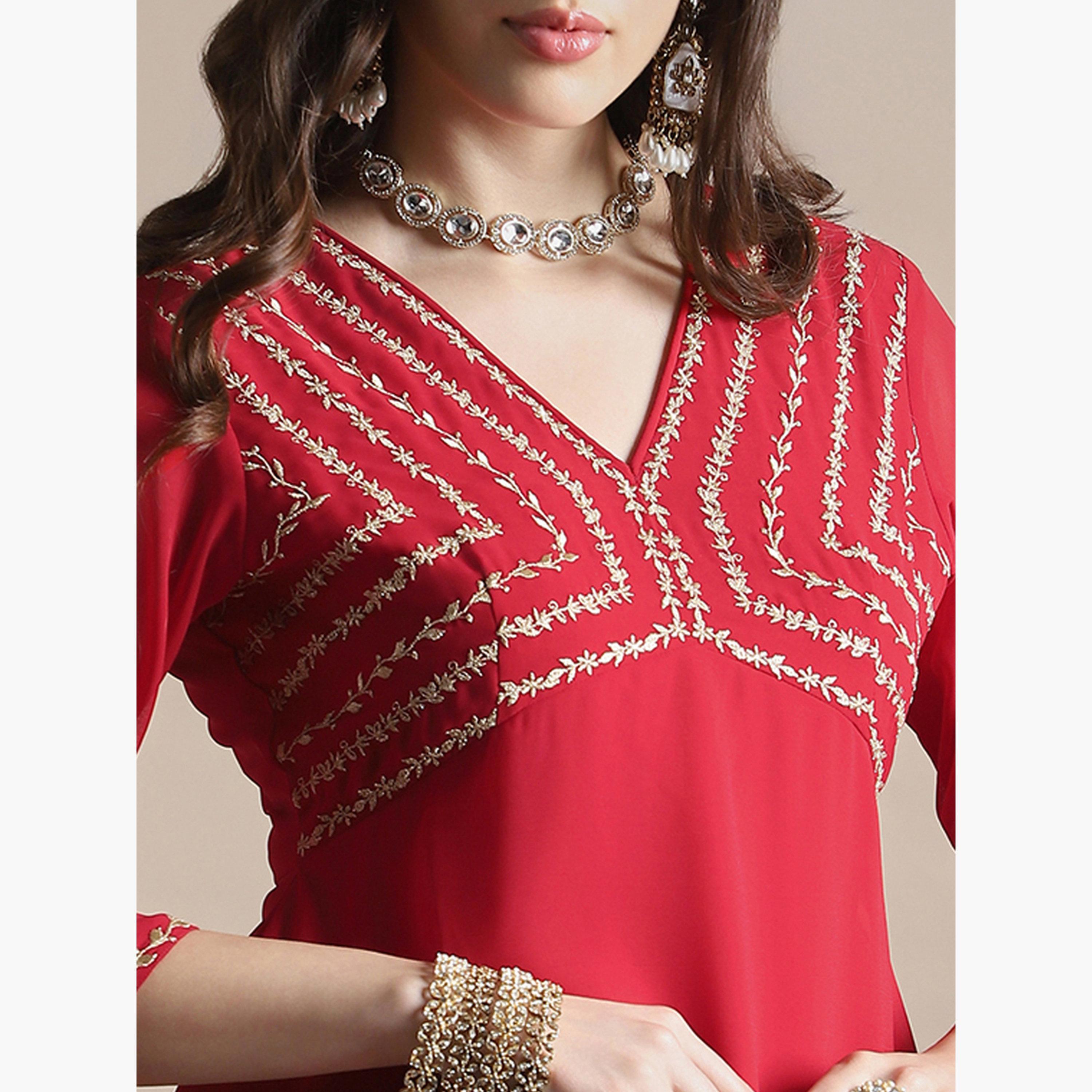 طقم كورتا مطرزة بزخارف زاري وأزهار مع شرار-women-clothing-ethnicwear-kurtasets-image-6