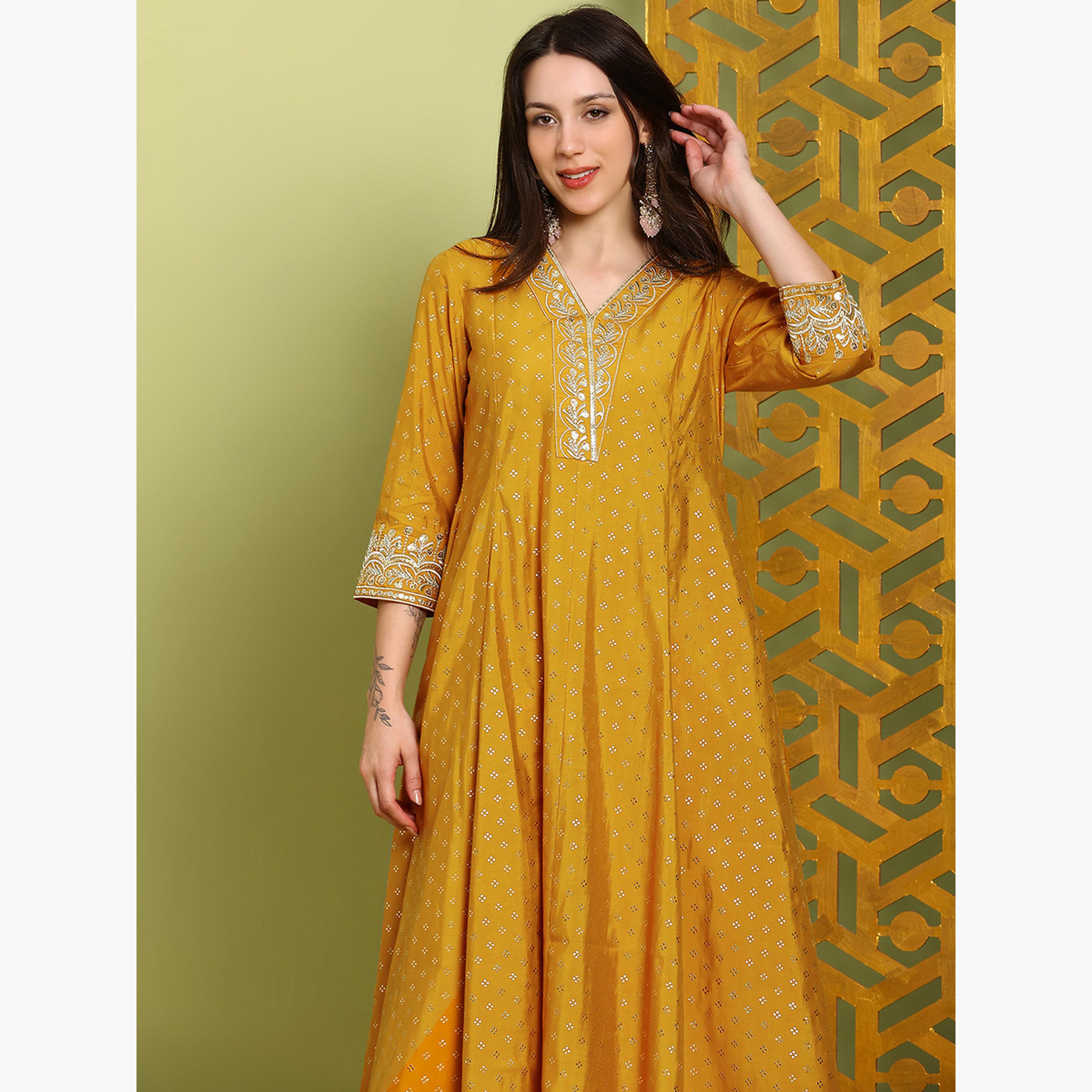 Globus X Styli Women Mustard Zari Embroidered Kurta and Wide Leg Pants Set-women-clothing-ethnicwear-kurtasets-image-4