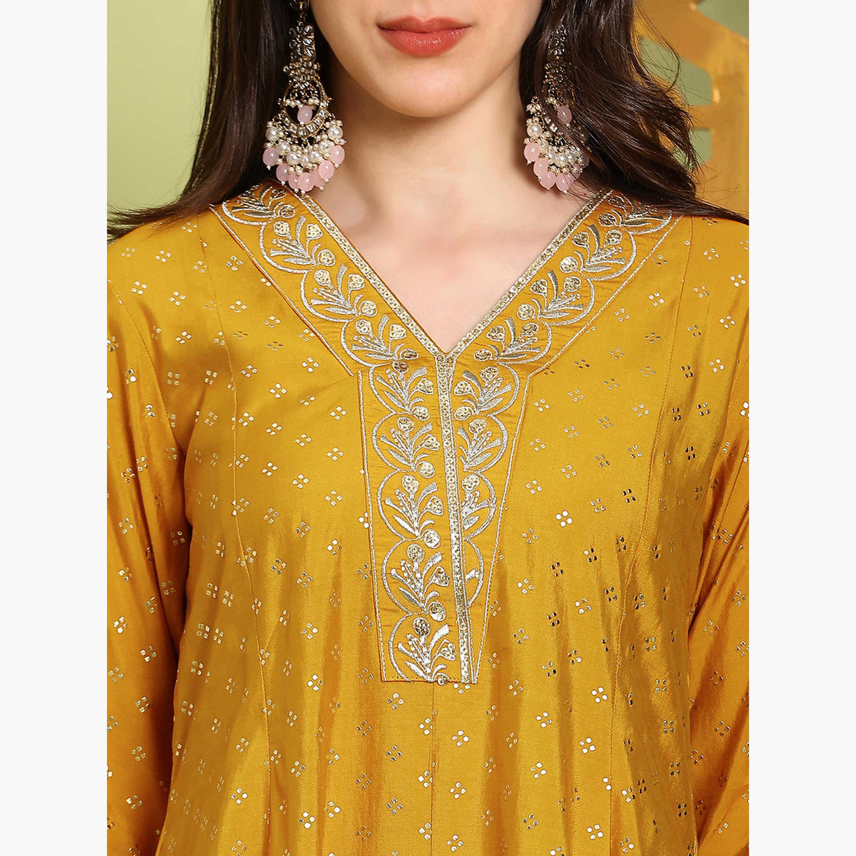 Globus X Styli Women Mustard Zari Embroidered Kurta and Wide Leg Pants Set-women-clothing-ethnicwear-kurtasets-image-6