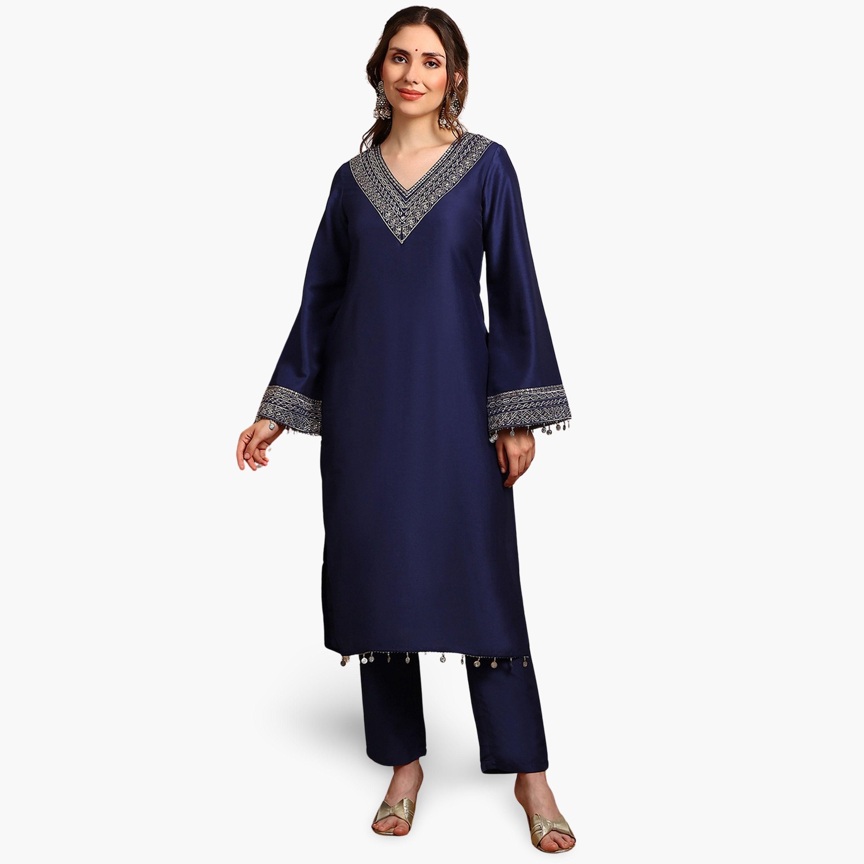 Globus X Styli Women Blue Sequin Zari Embroidered Kurta with Pants Set-women-clothing-ethnicwear-kurtasets-image-1