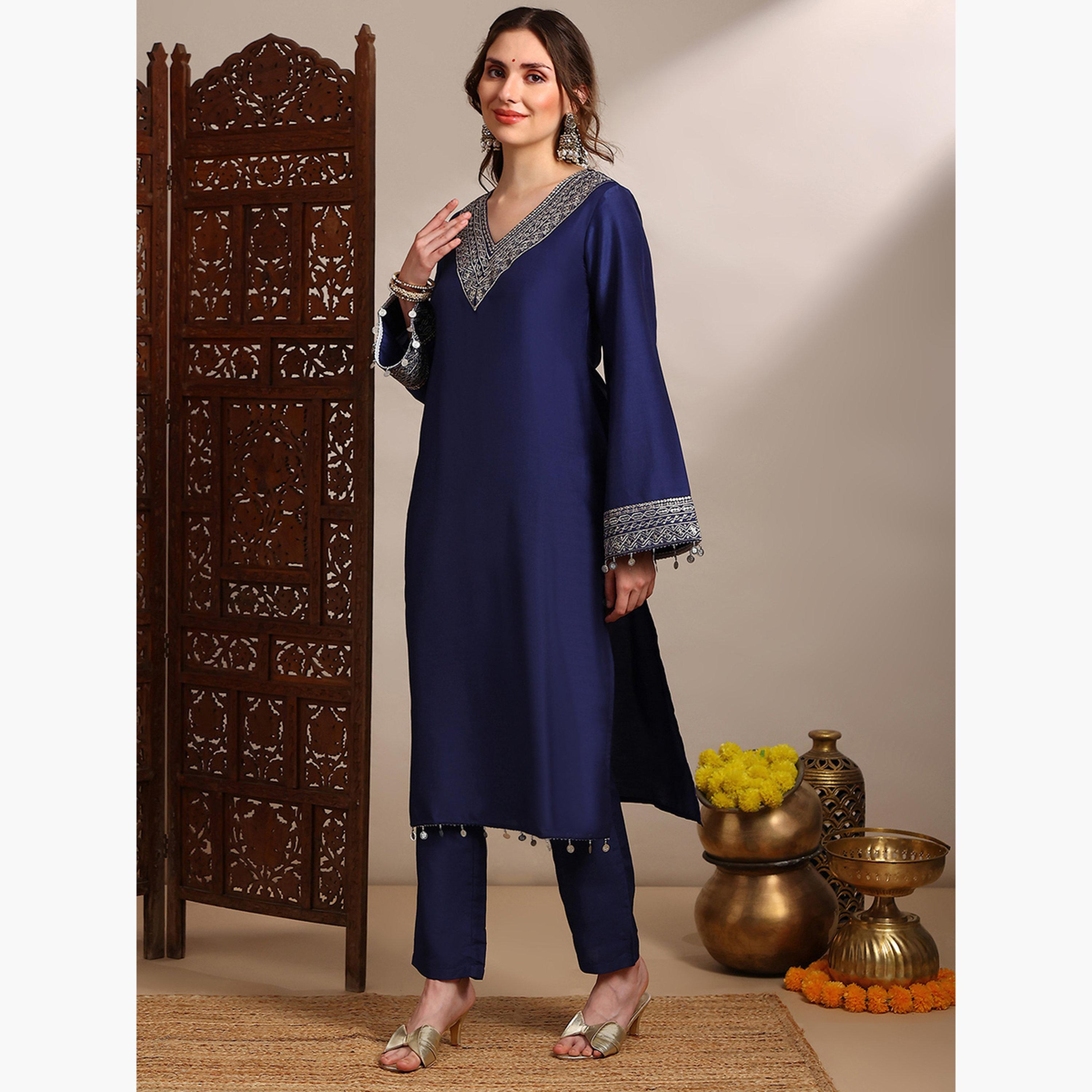 طقم كورتا مطرزة بالترتر مع بنطال للنساء-women-clothing-ethnicwear-kurtasets-image-2