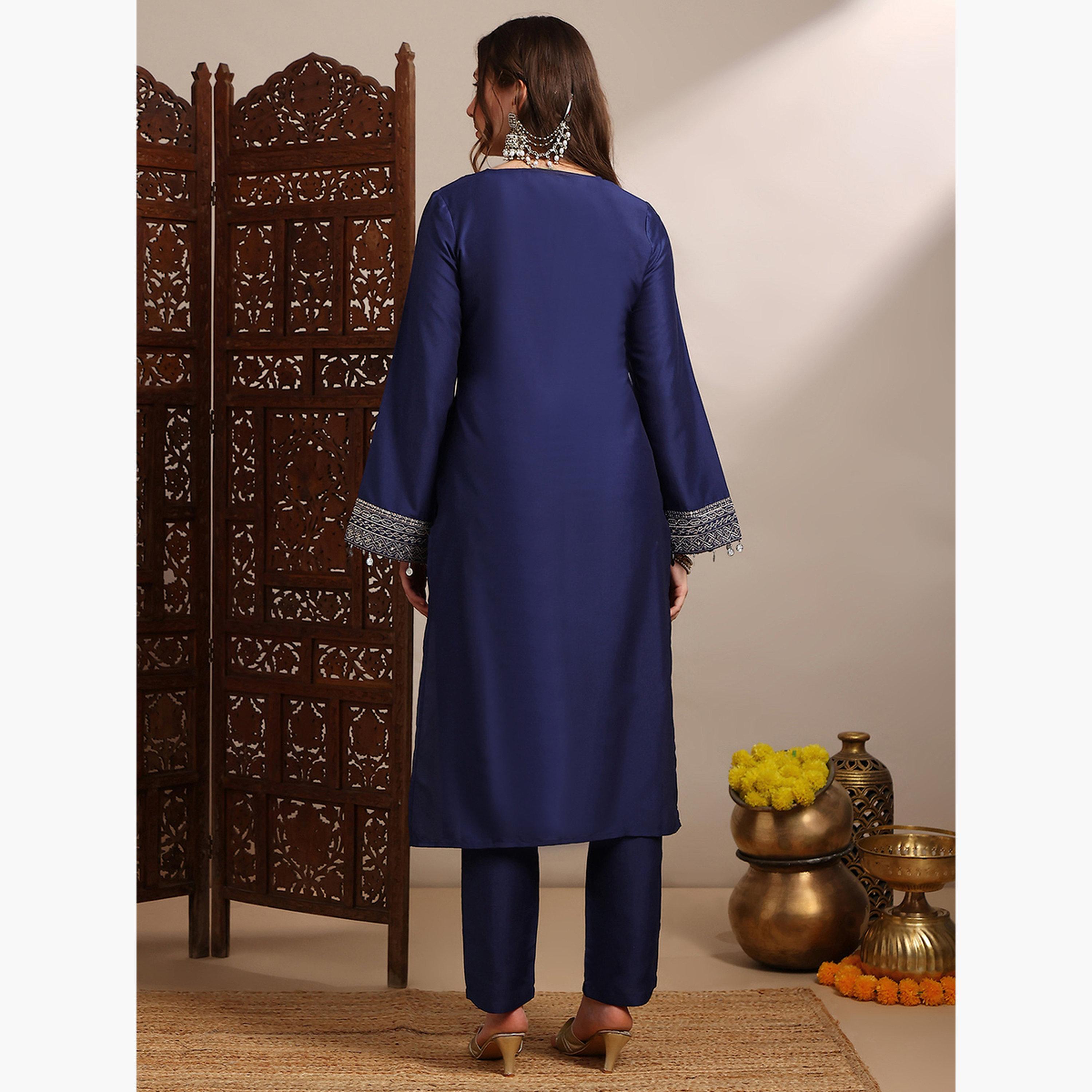 Globus X Styli Women Blue Sequin Zari Embroidered Kurta with Pants Set-women-clothing-ethnicwear-kurtasets-image-3