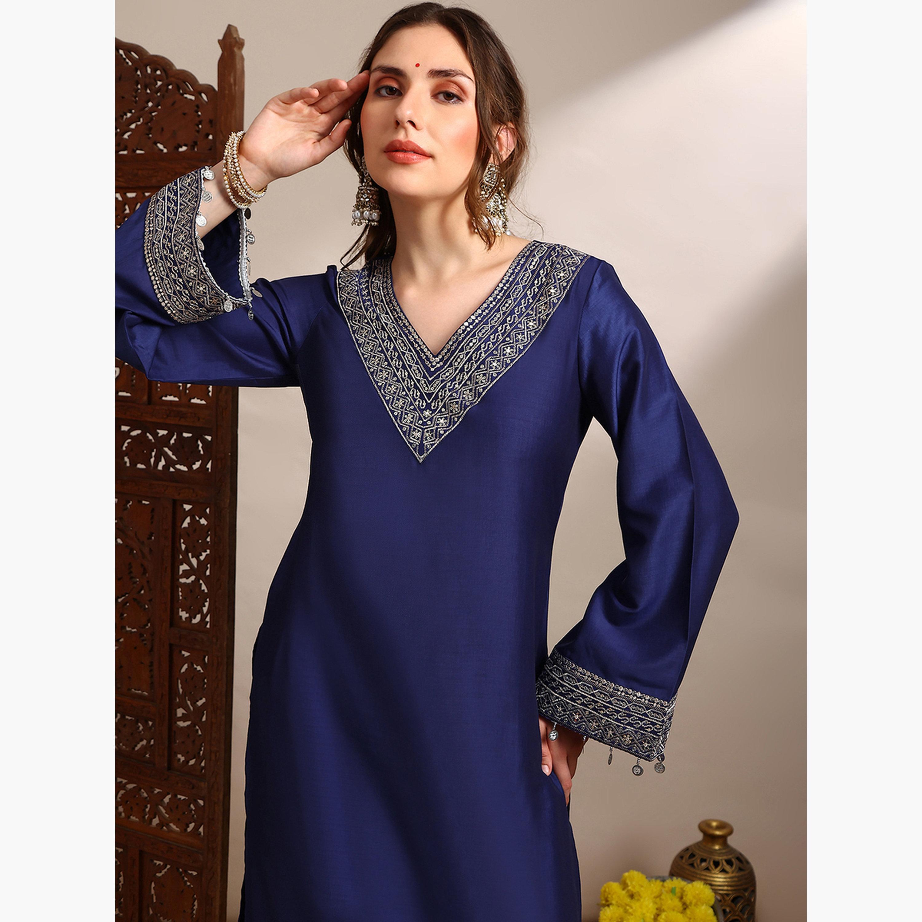 Globus X Styli Women Blue Sequin Zari Embroidered Kurta with Pants Set-women-clothing-ethnicwear-kurtasets-image-4