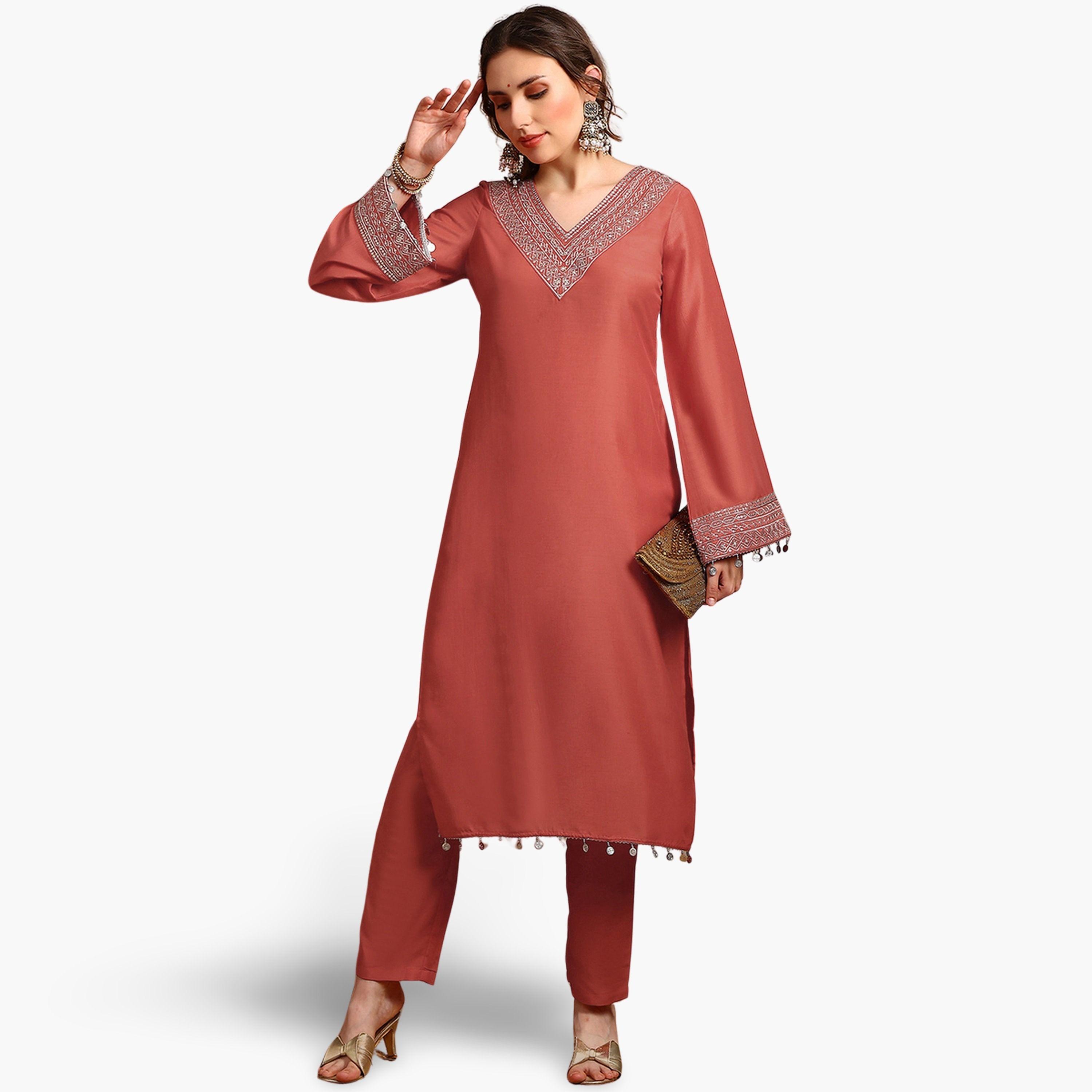 Globus X Styli Women Orange Sequin Zari Embroidered Kurta with Pants Set-women-clothing-ethnicwear-kurtasets-image-1