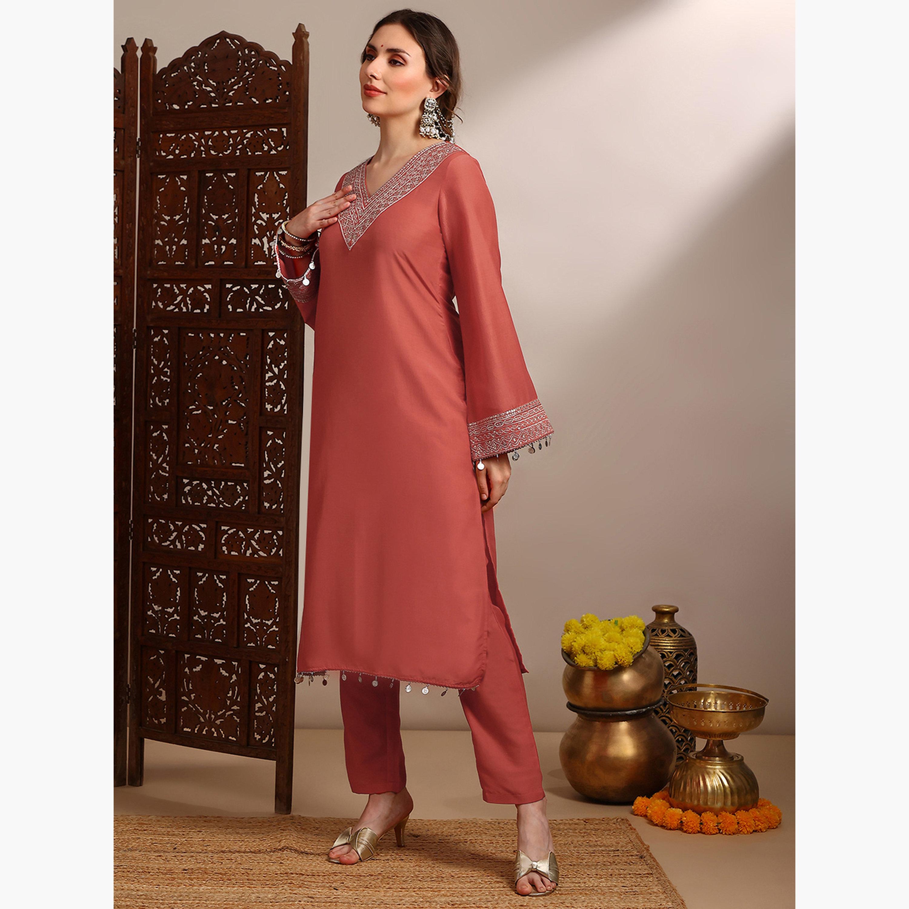 Globus X Styli Women Orange Sequin Zari Embroidered Kurta with Pants Set-women-clothing-ethnicwear-kurtasets-image-2