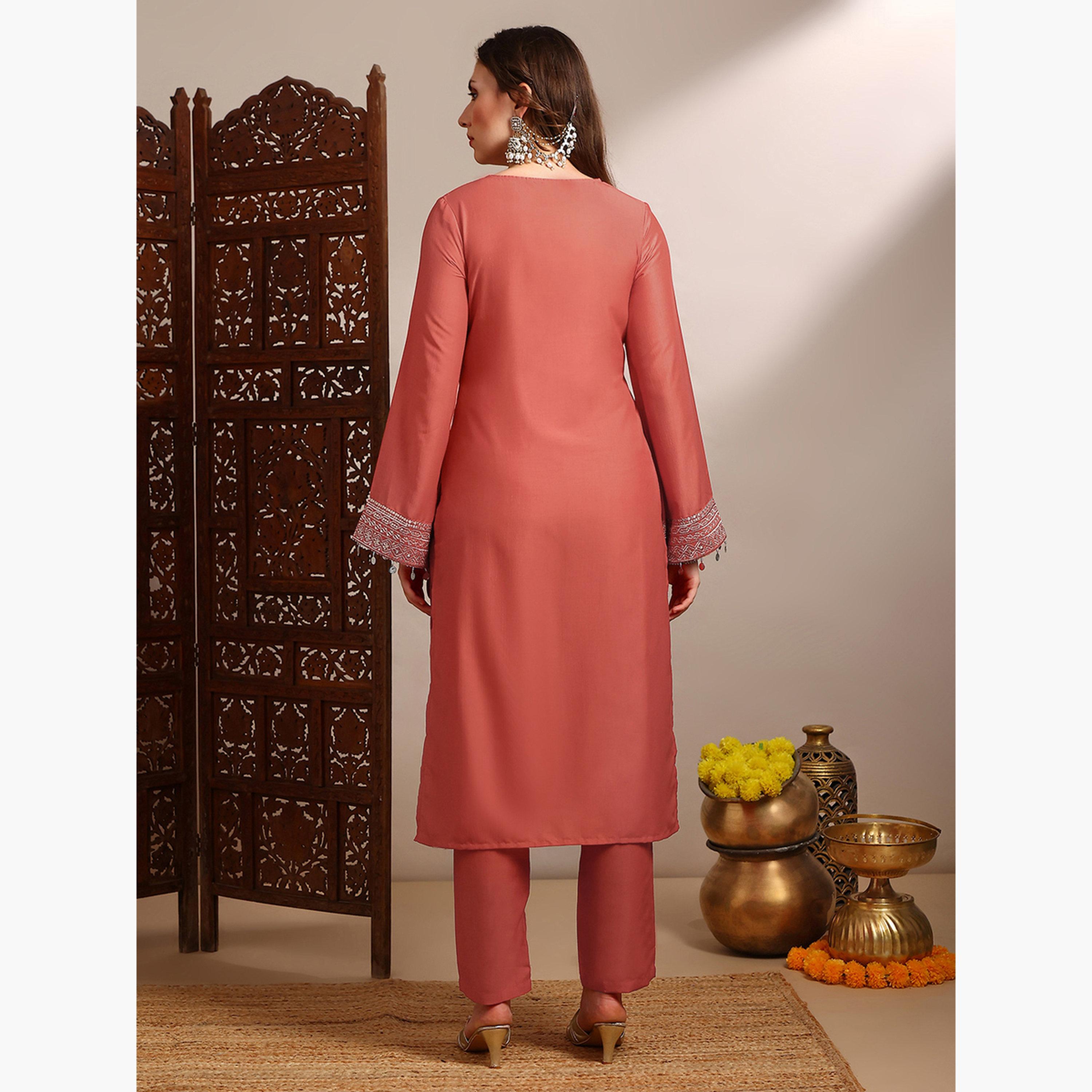 Globus X Styli Women Orange Sequin Zari Embroidered Kurta with Pants Set-women-clothing-ethnicwear-kurtasets-image-3