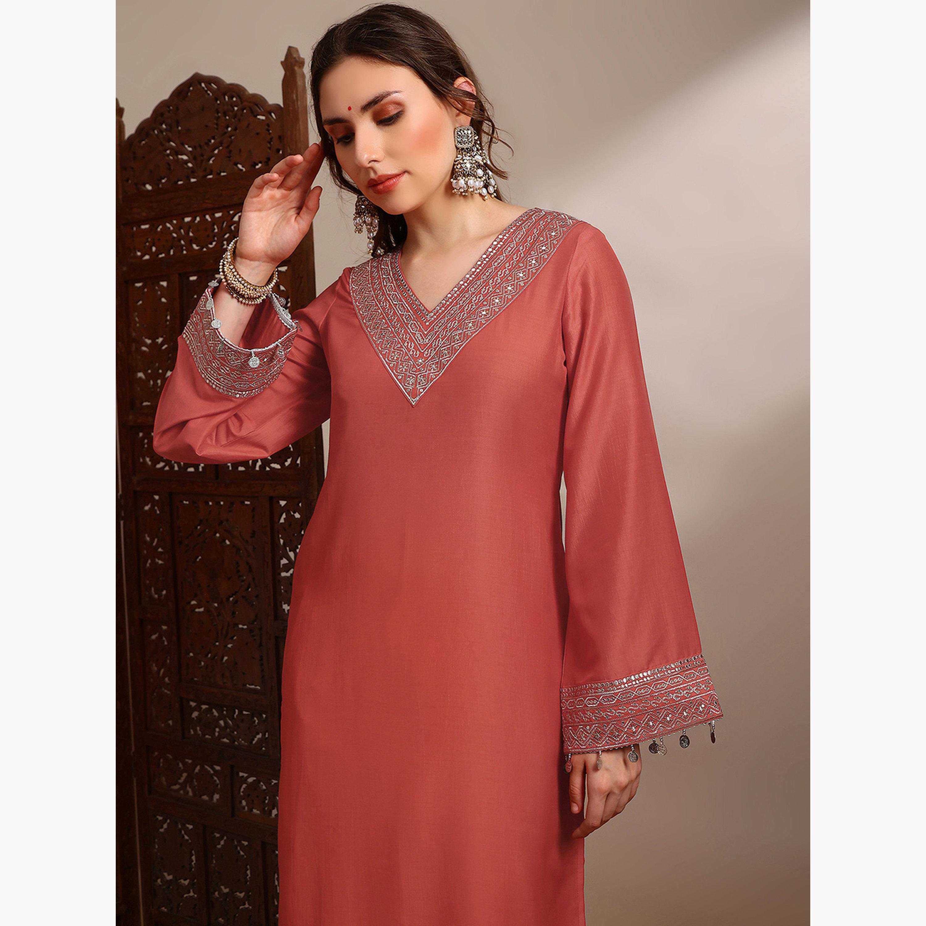Globus X Styli Women Orange Sequin Zari Embroidered Kurta with Pants Set-women-clothing-ethnicwear-kurtasets-image-4