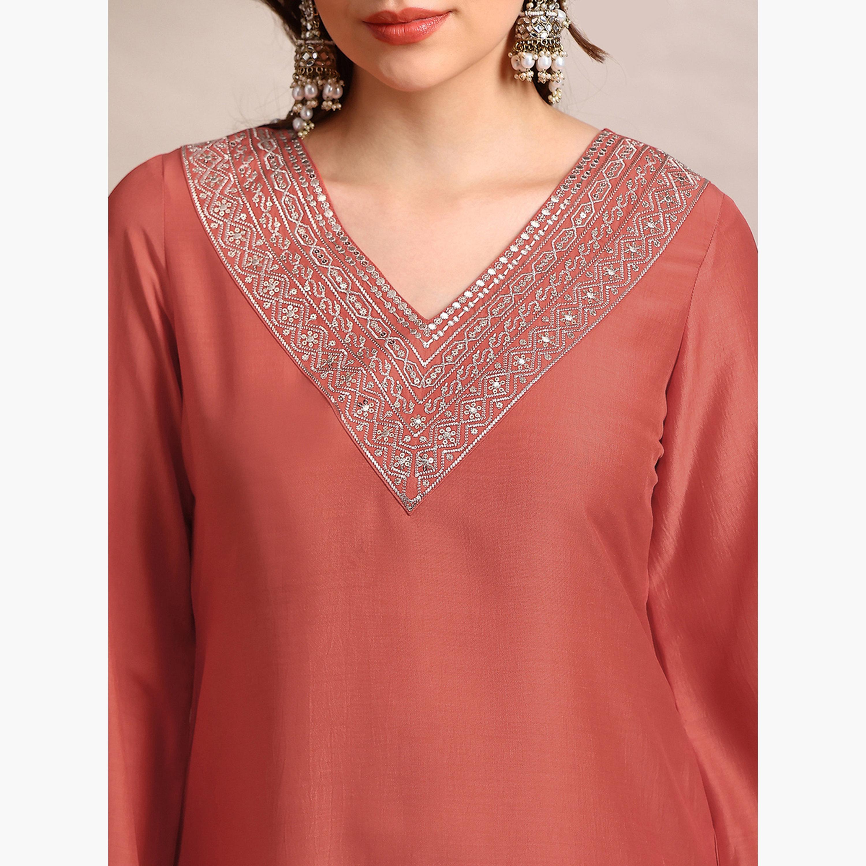Globus X Styli Women Orange Sequin Zari Embroidered Kurta with Pants Set-women-clothing-ethnicwear-kurtasets-image-6
