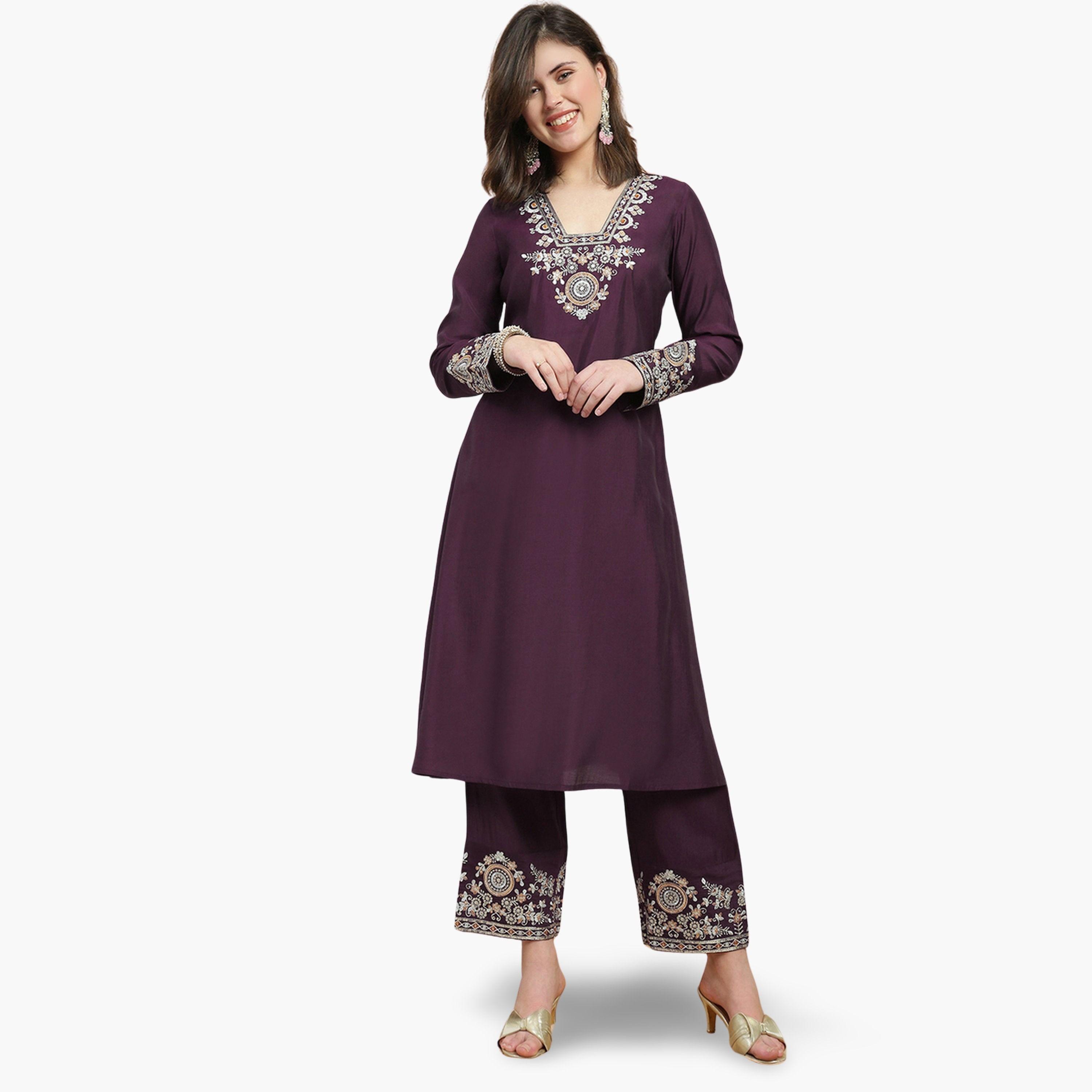 طقم كورتا مطرزة بزخارف زاري وترتر مع بنطال-women-clothing-ethnicwear-kurtasets-image-1
