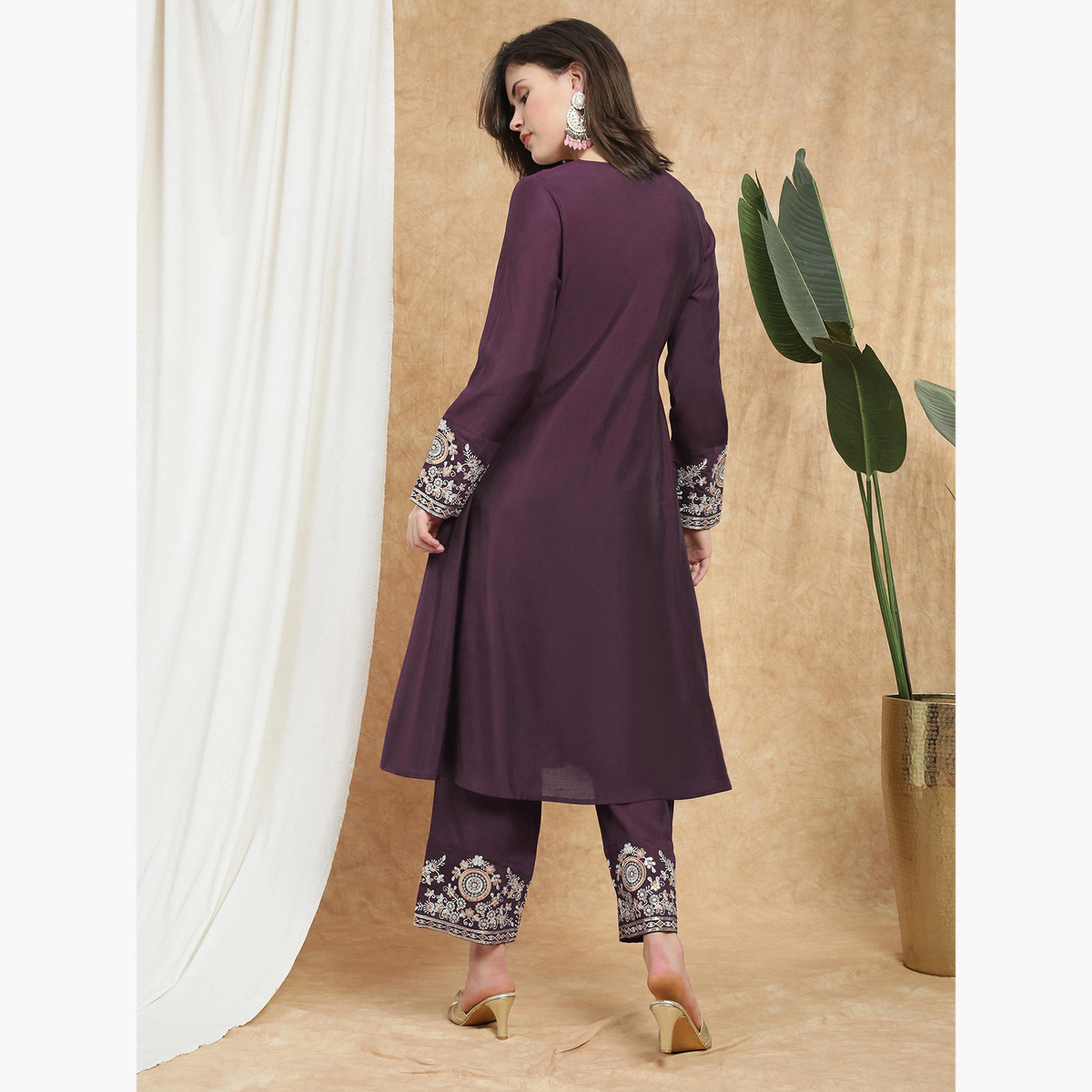 طقم كورتا مطرزة بزخارف زاري وترتر مع بنطال-women-clothing-ethnicwear-kurtasets-image-3