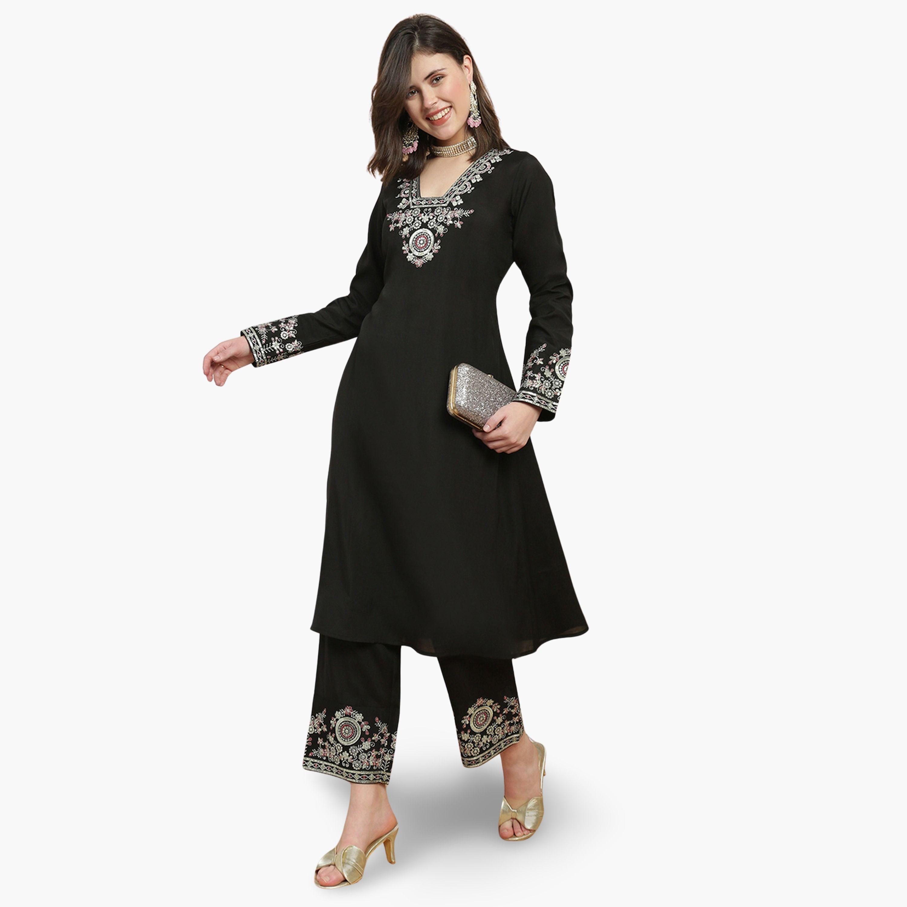 Globus X Styli Women Black Sequin Zari Embroidered Kurta with Pant Set-women-clothing-ethnicwear-kurtasets-image-1