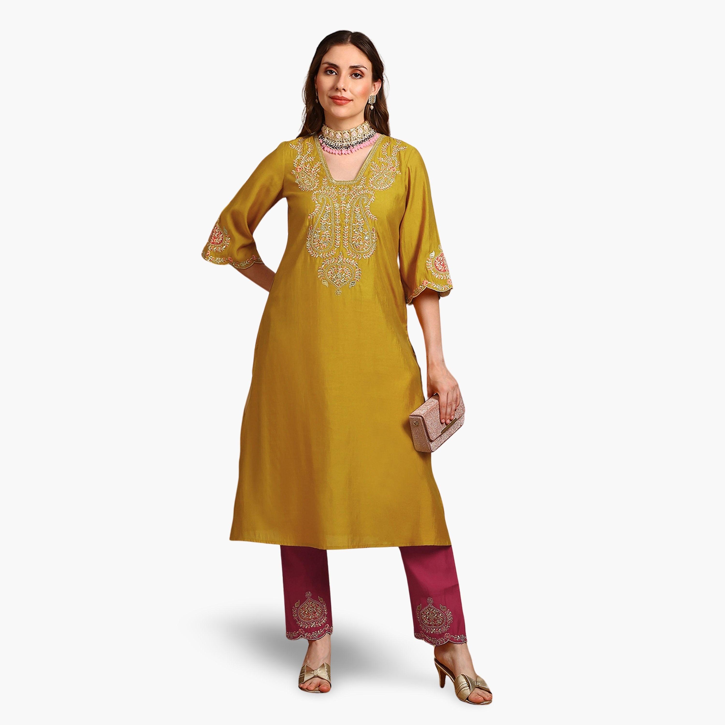 Globus X Styli Women Yellow Zari Embroidered Straight Kurta with Pants Set-women-clothing-ethnicwear-kurtasets-image-1
