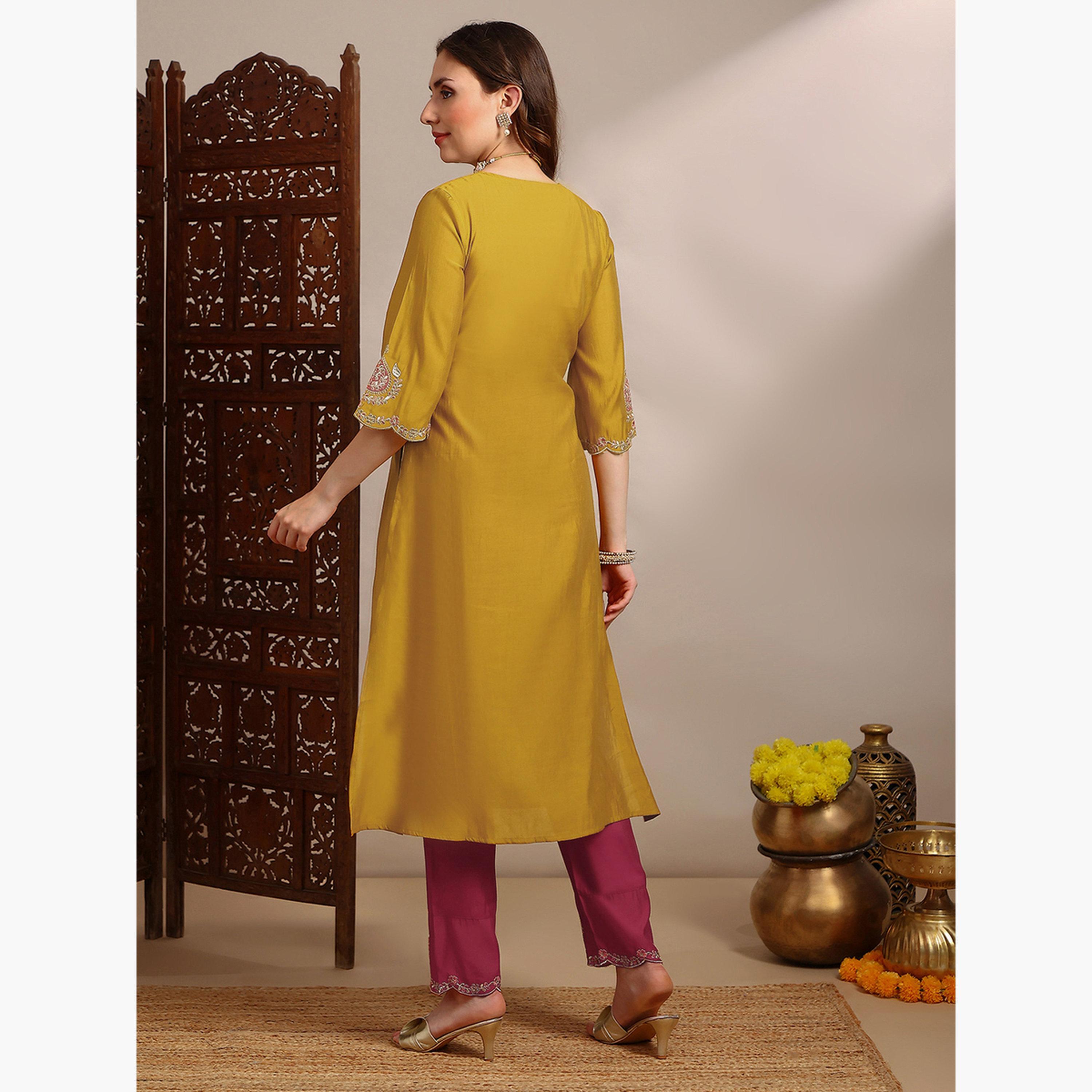 Globus X Styli Women Yellow Zari Embroidered Straight Kurta with Pants Set-women-clothing-ethnicwear-kurtasets-image-3