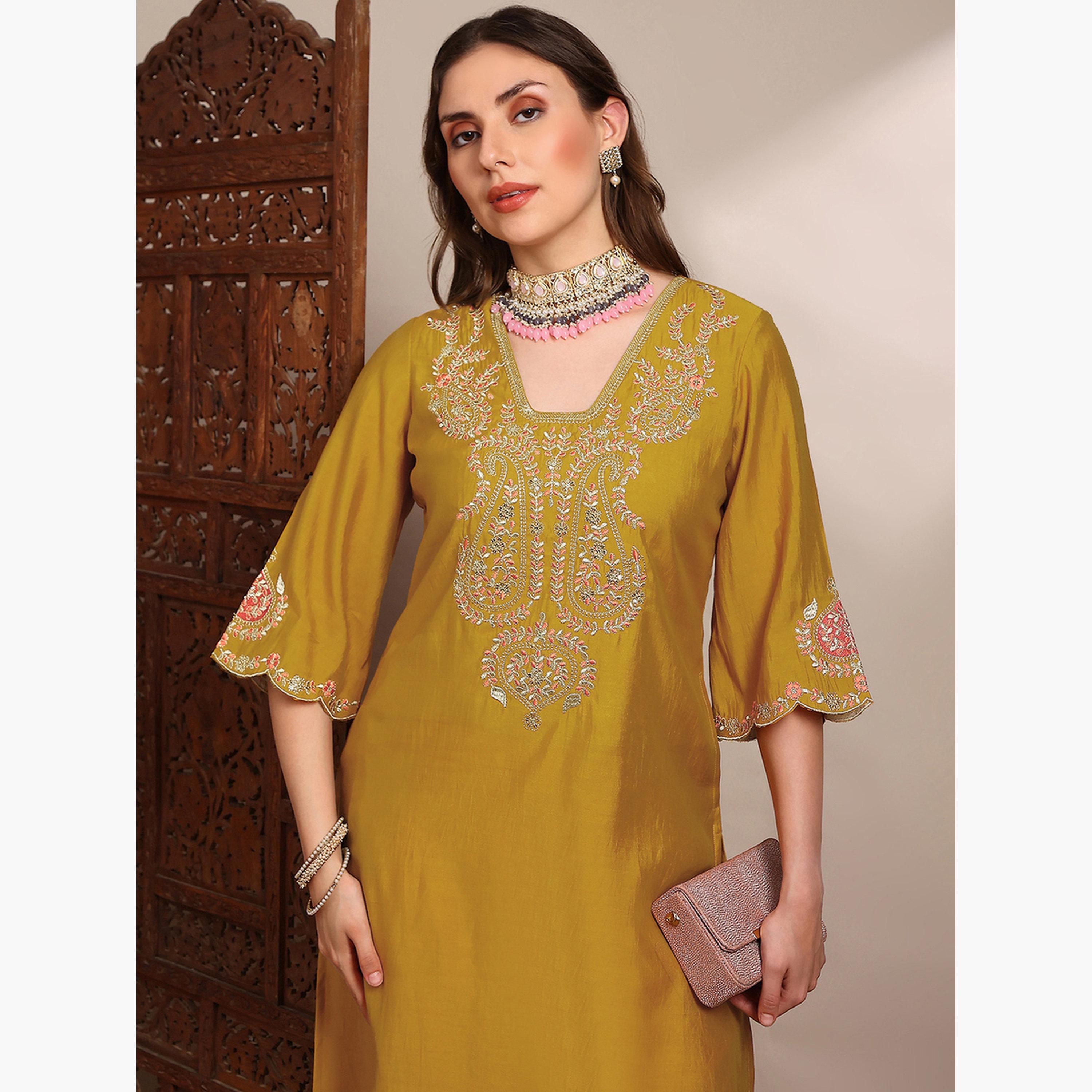 Globus X Styli Women Yellow Zari Embroidered Straight Kurta with Pants Set-women-clothing-ethnicwear-kurtasets-image-4