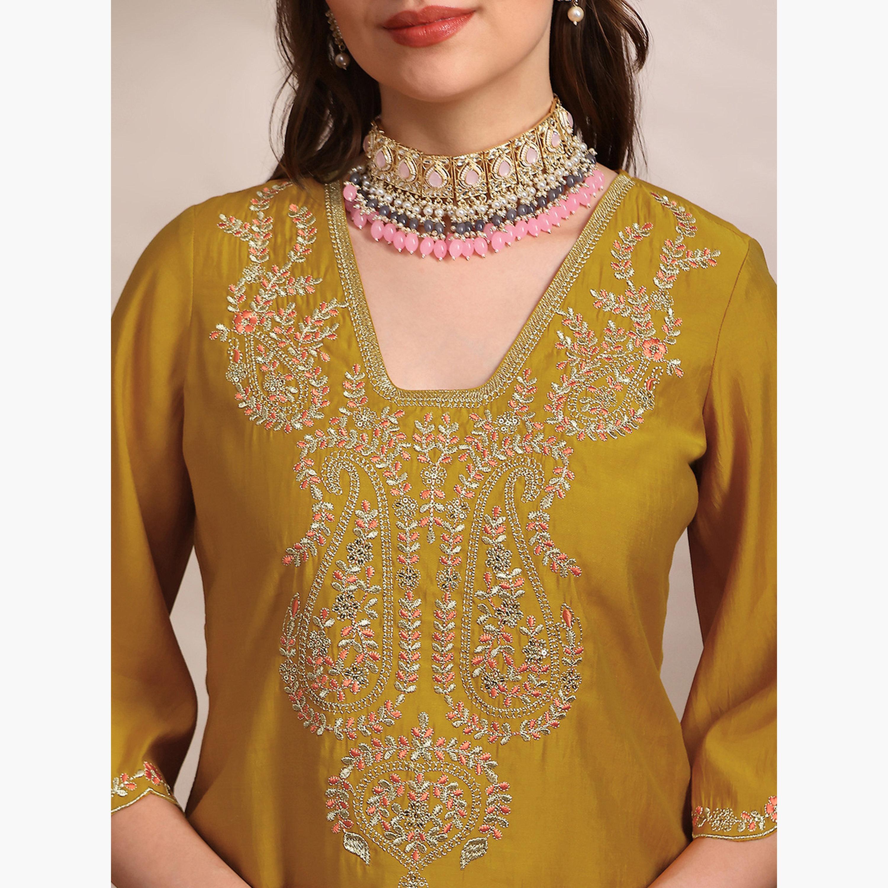 Globus X Styli Women Yellow Zari Embroidered Straight Kurta with Pants Set-women-clothing-ethnicwear-kurtasets-image-6