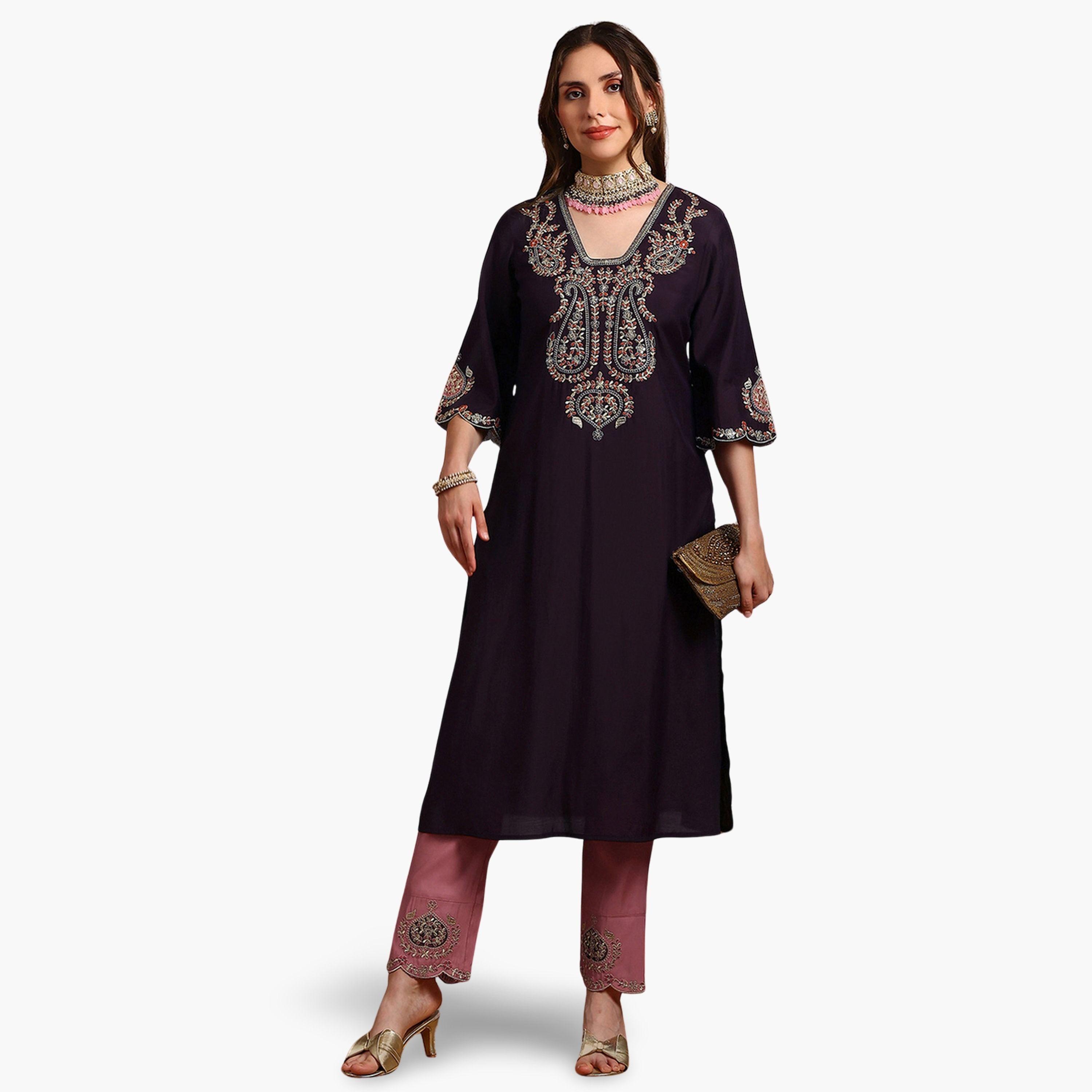 Globus X Styli Women Purple Zari Embroidered Kurta with Pants Set-women-clothing-ethnicwear-kurtasets-image-1