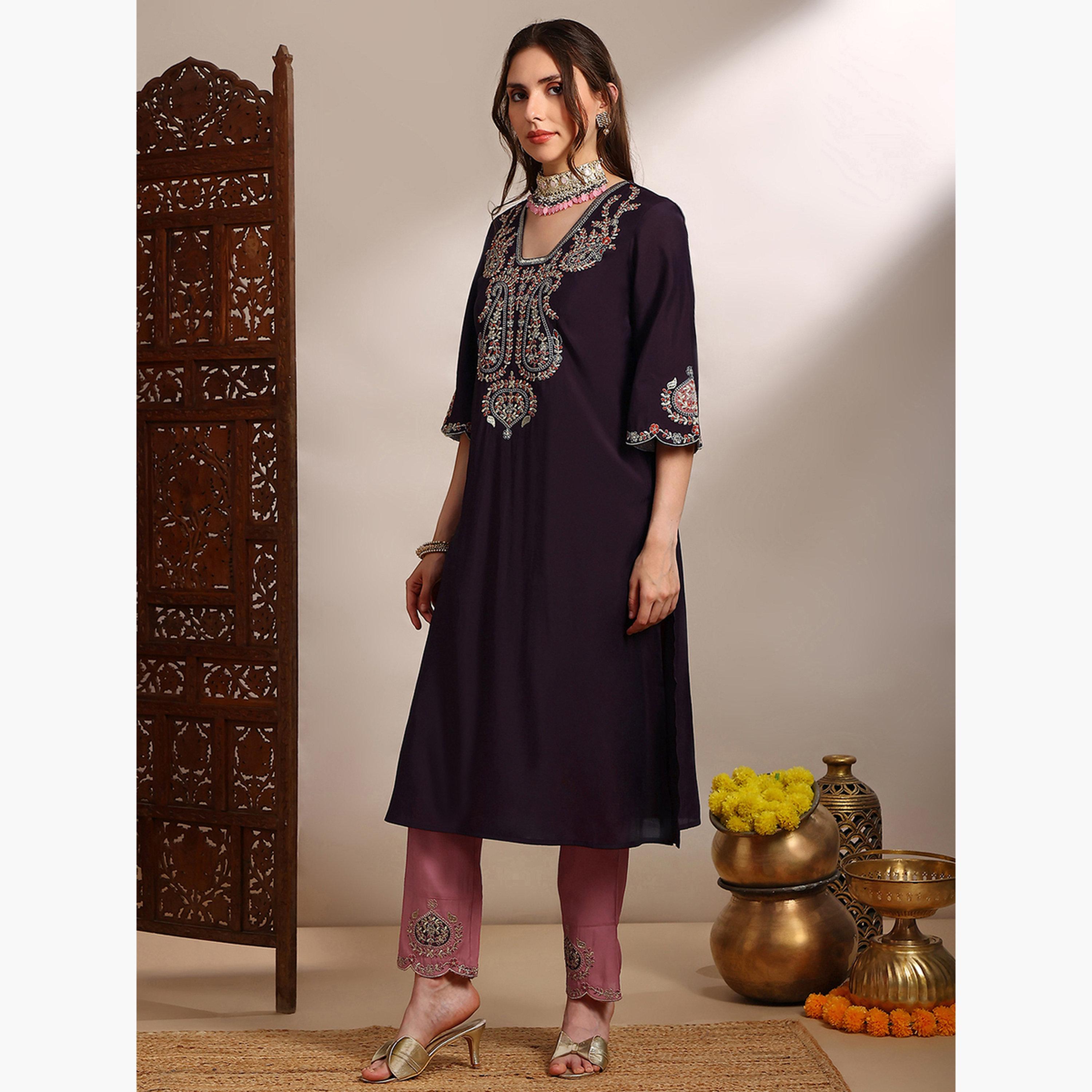 Globus X Styli Women Purple Zari Embroidered Kurta with Pants Set-women-clothing-ethnicwear-kurtasets-image-2