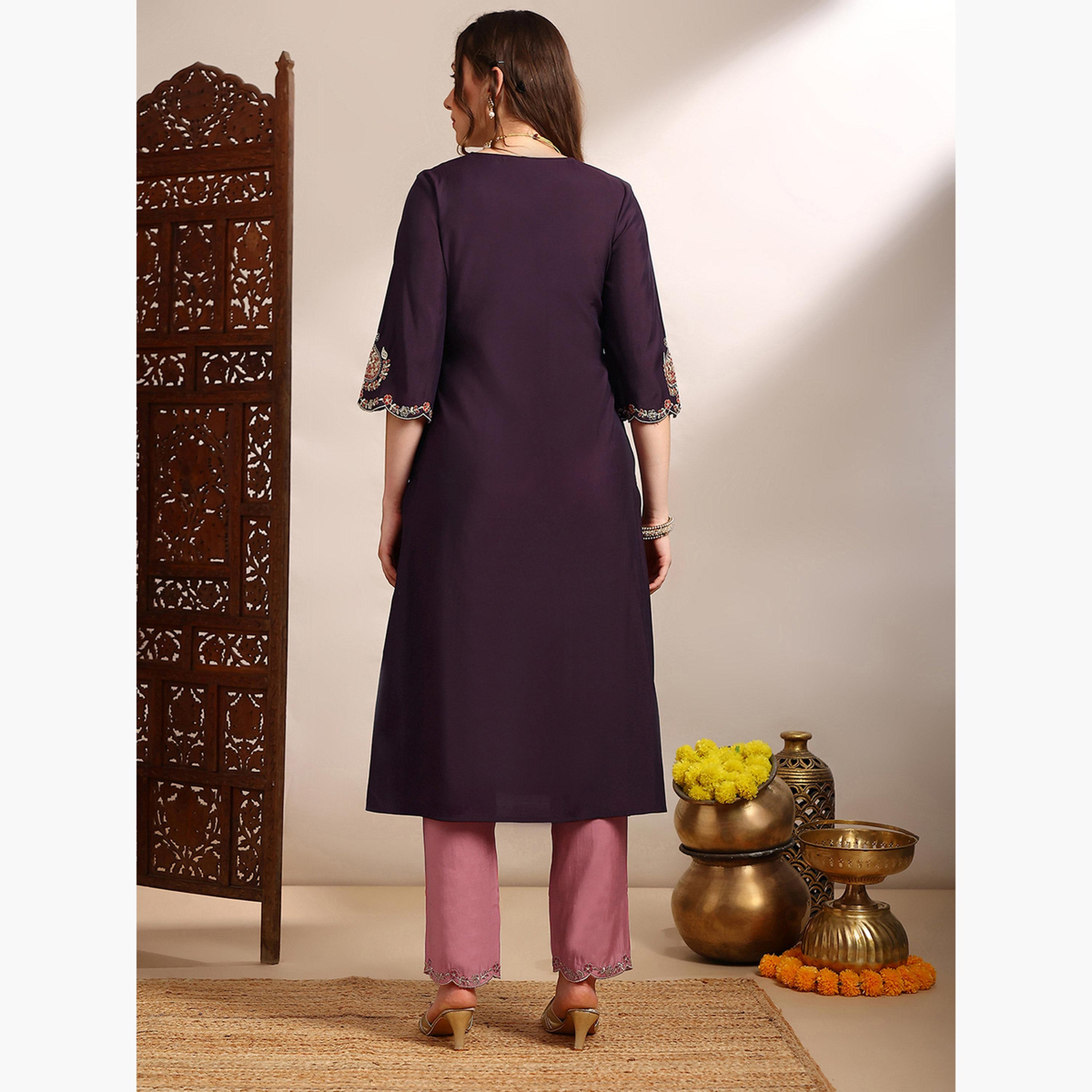 Globus X Styli Women Purple Zari Embroidered Kurta with Pants Set-women-clothing-ethnicwear-kurtasets-image-3