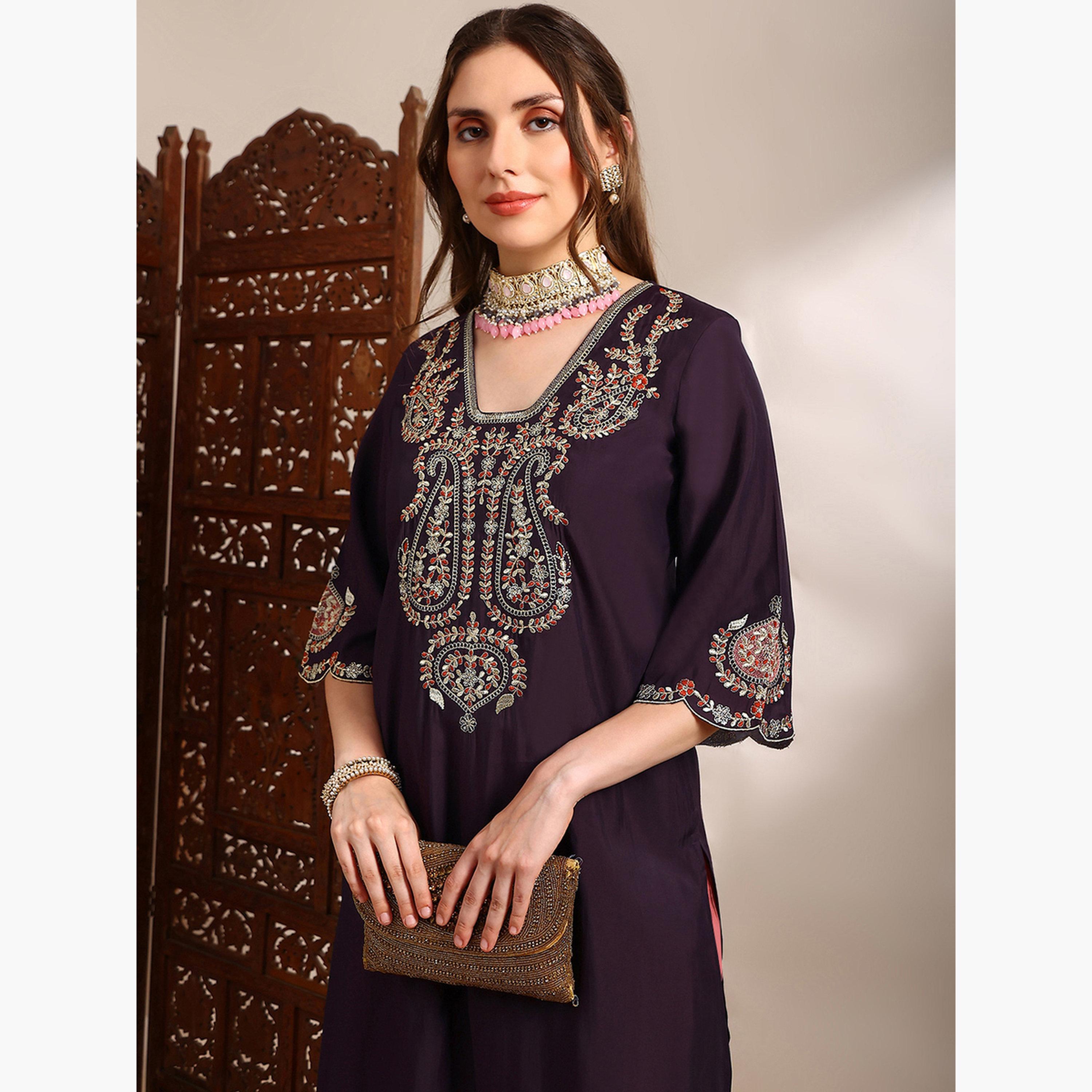 طقم كورتا وبنطال مطرز بزخارف زاري-women-clothing-ethnicwear-kurtasets-image-4