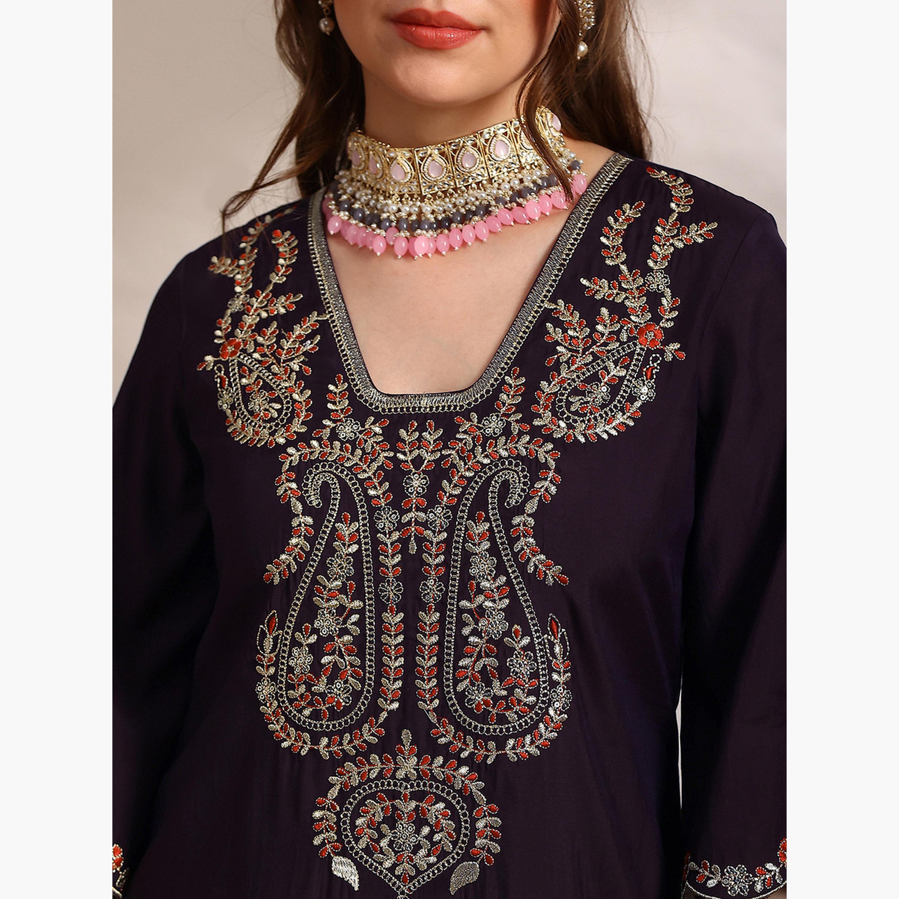 Globus X Styli Women Purple Zari Embroidered Kurta with Pants Set-women-clothing-ethnicwear-kurtasets-image-6