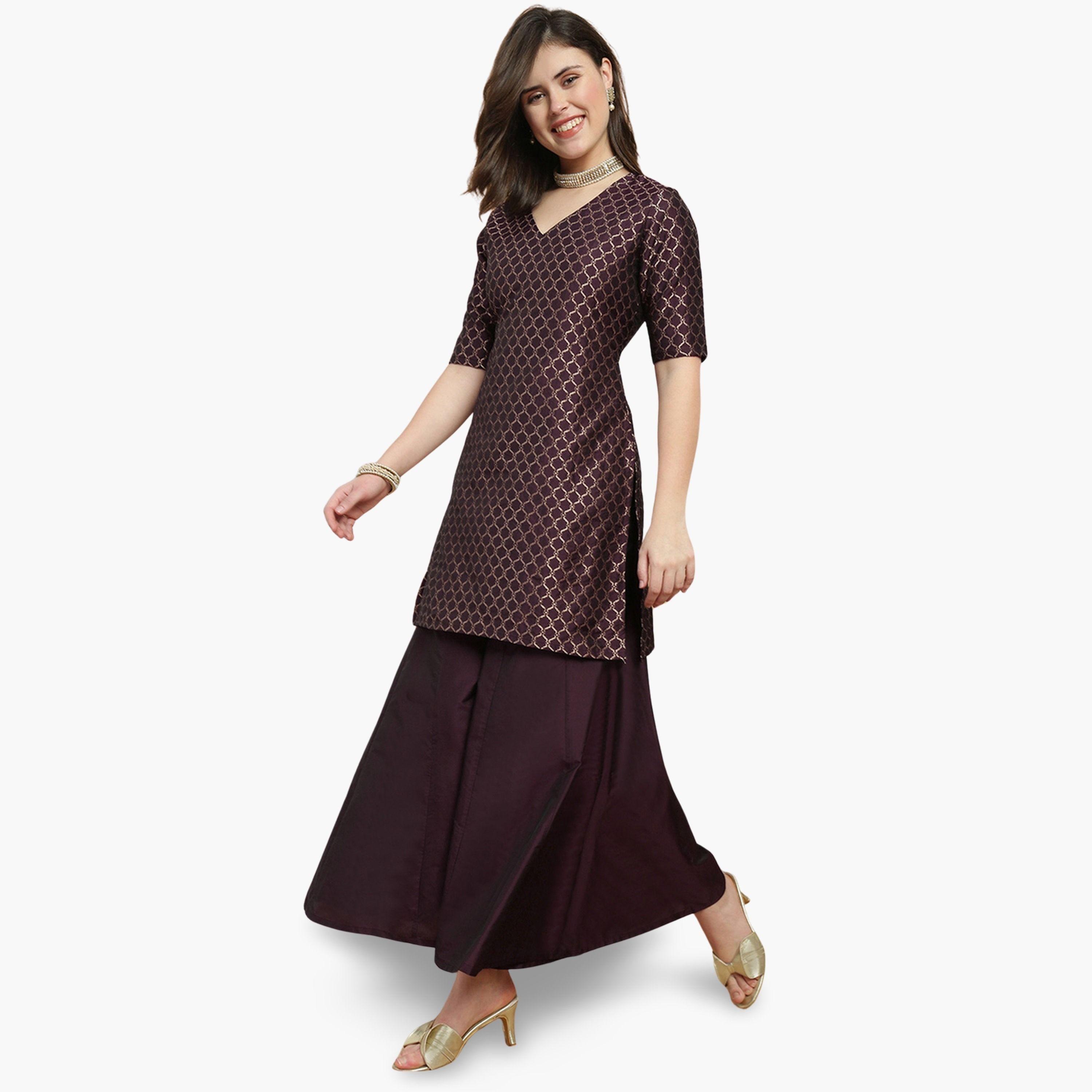 Globus X Styli Women Maroon V-Neck Printed Kurti with Flared Palazzo Set-women-clothing-ethnicwear-kurtasets-image-1