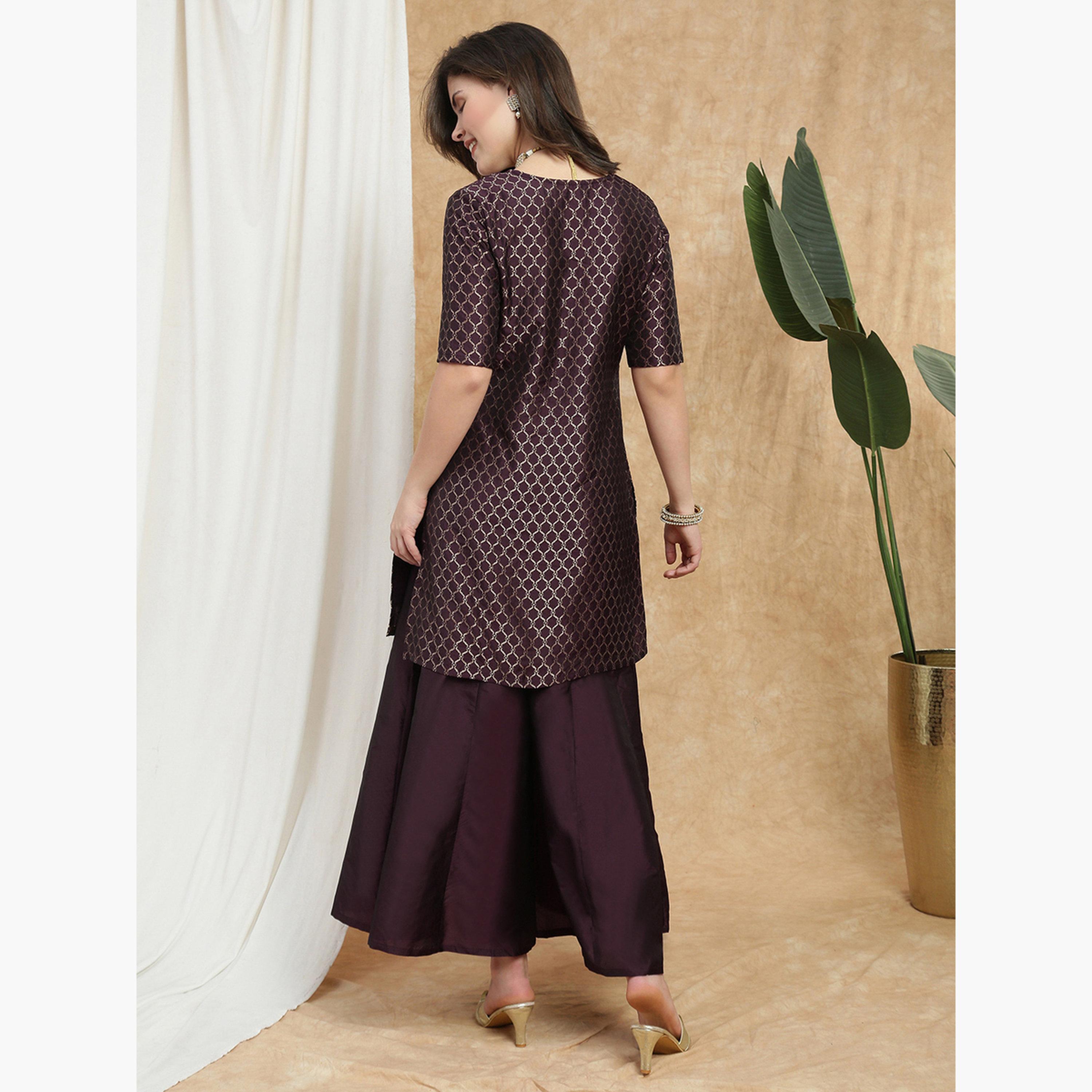 Globus X Styli Women Maroon V-Neck Printed Kurti with Flared Palazzo Set-women-clothing-ethnicwear-kurtasets-image-3