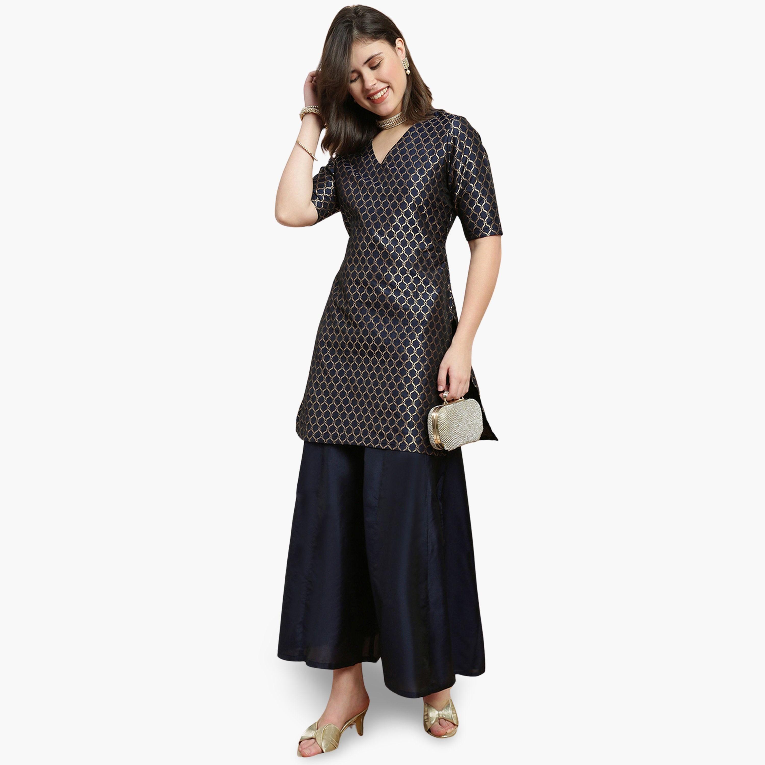 Globus X Styli Women Navy Blue Printed Kurti with Flared Palazzo Set-women-clothing-ethnicwear-kurtasets-image-1