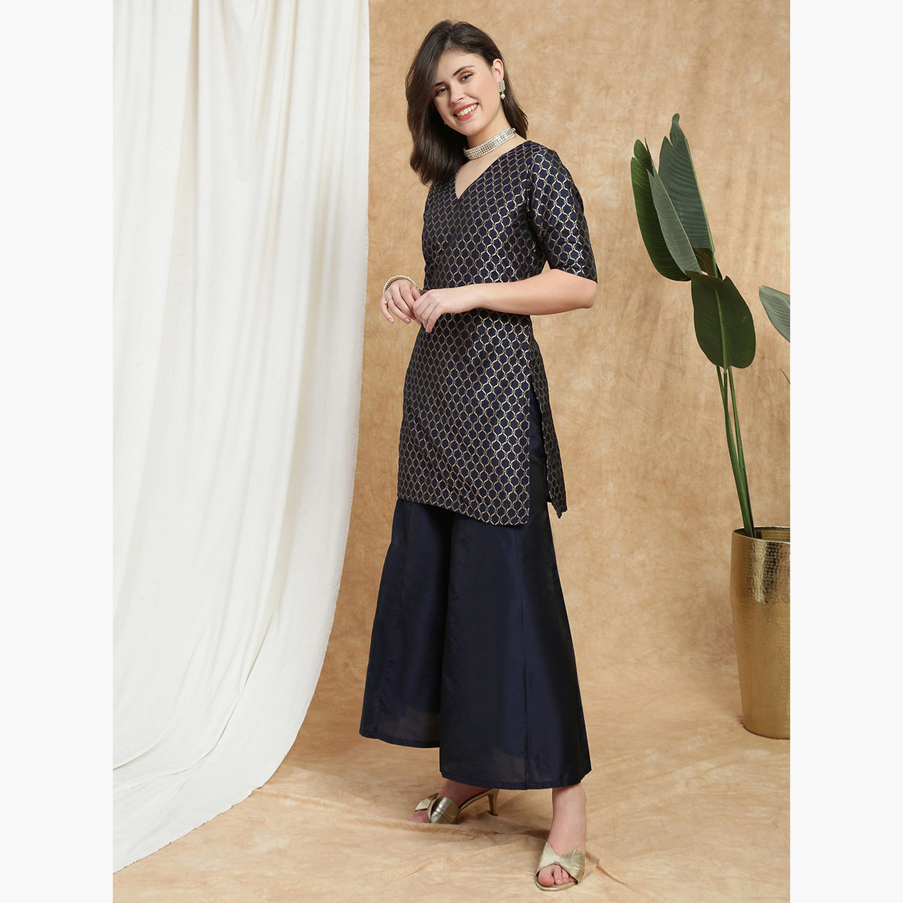 Globus X Styli Women Navy Blue Printed Kurti with Flared Palazzo Set-women-clothing-ethnicwear-kurtasets-image-2
