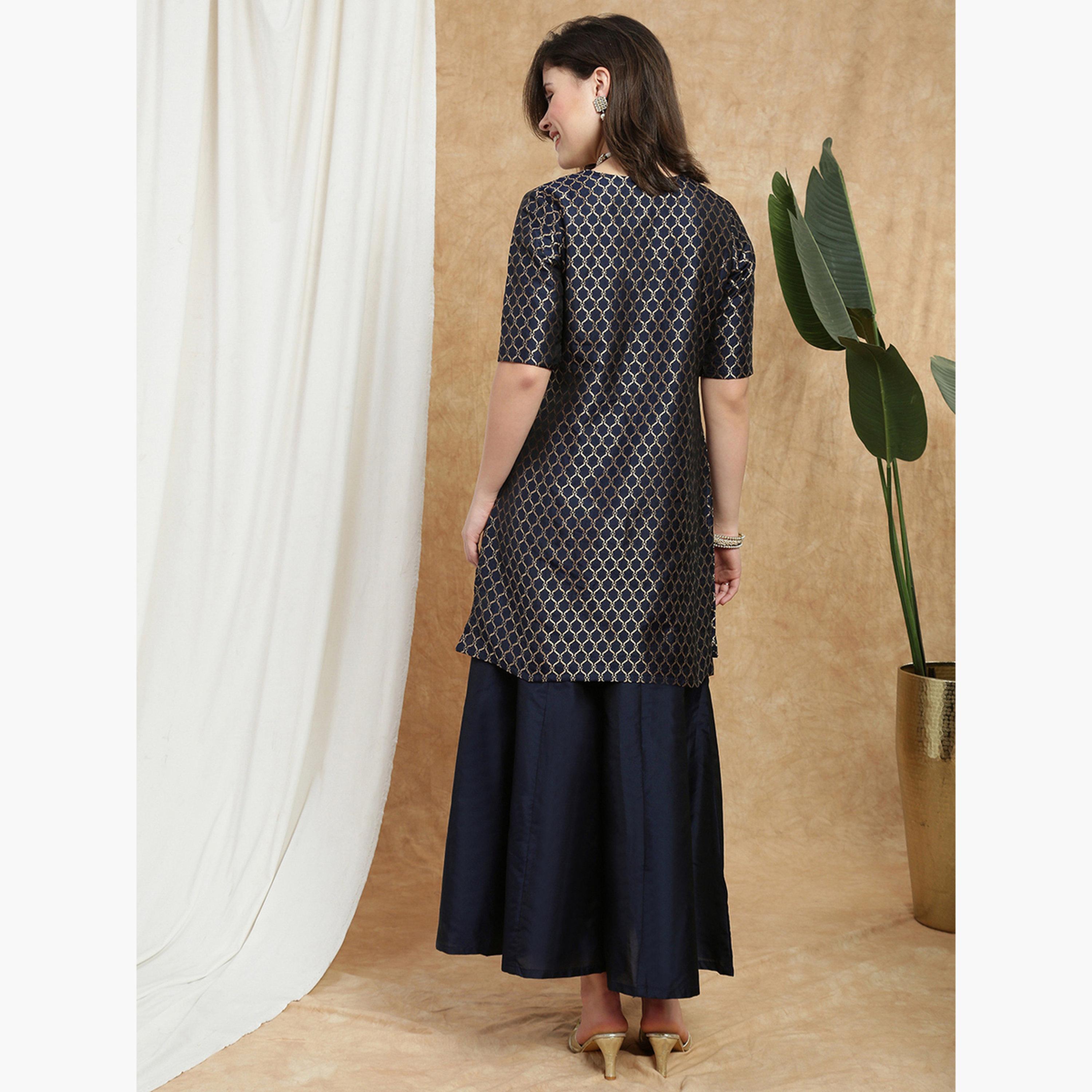 Globus X Styli Women Navy Blue Printed Kurti with Flared Palazzo Set-women-clothing-ethnicwear-kurtasets-image-3